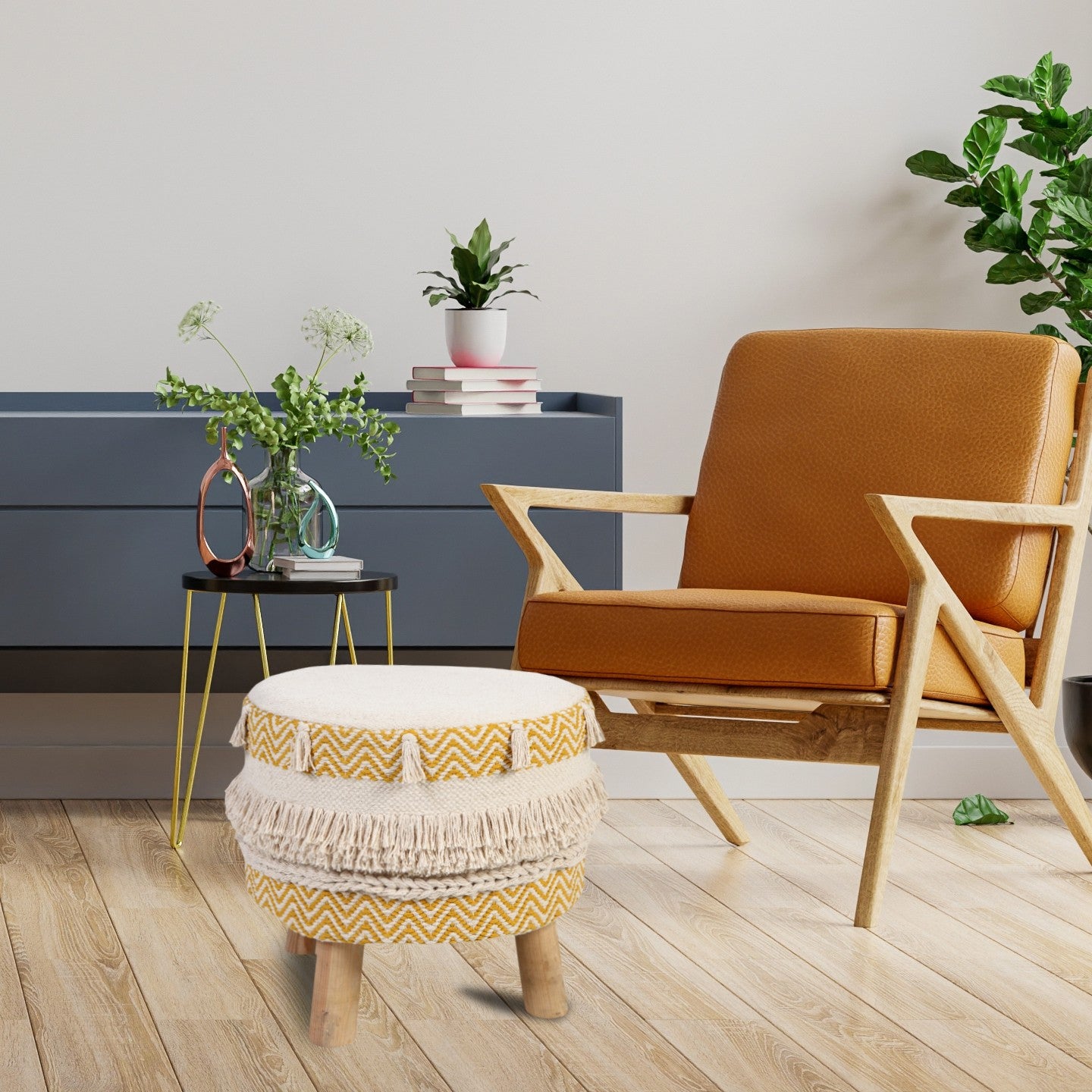 16" Yellow And Ivory Cotton And Natural Round Chevron Ottoman