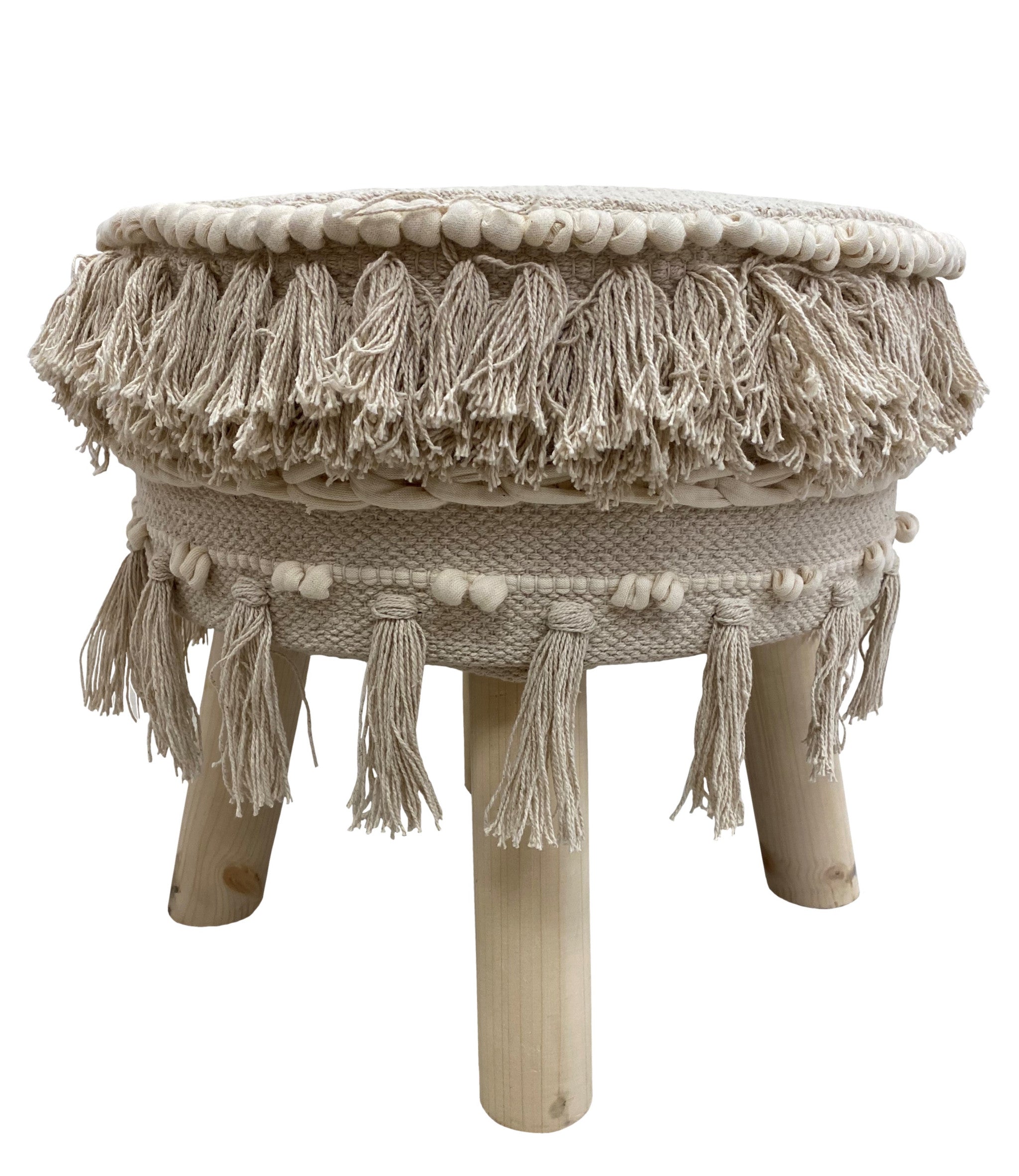 16" Beige Textural Cotton And Natural Round Ottoman