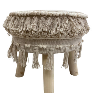 16" Beige Textural Cotton And Natural Round Ottoman
