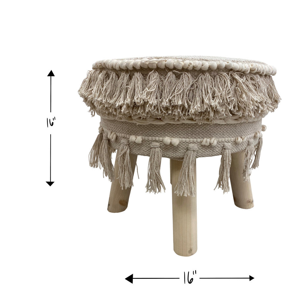 16" Beige Textural Cotton And Natural Round Ottoman