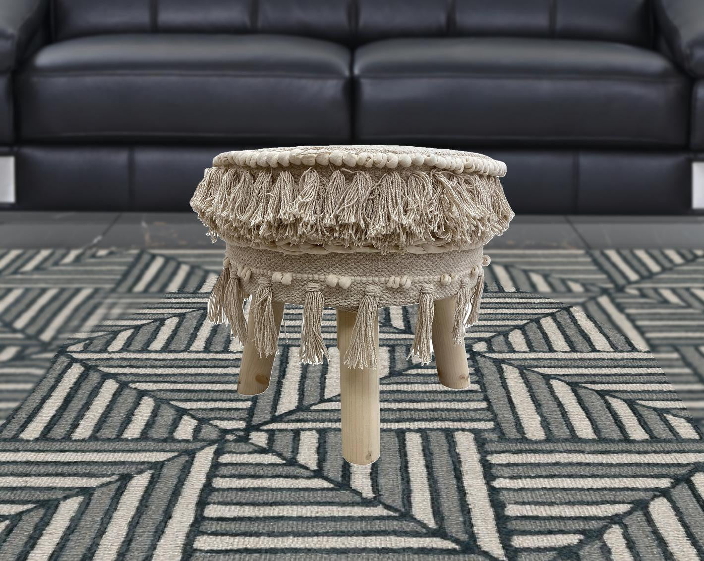 16" Beige Textural Cotton And Natural Round Ottoman