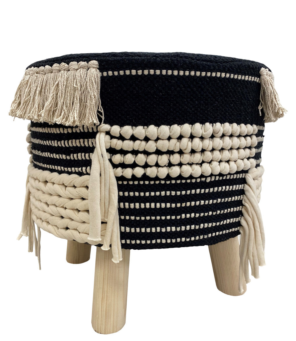 16" Beige And Black Cotton And Natural Round Striped Ottoman