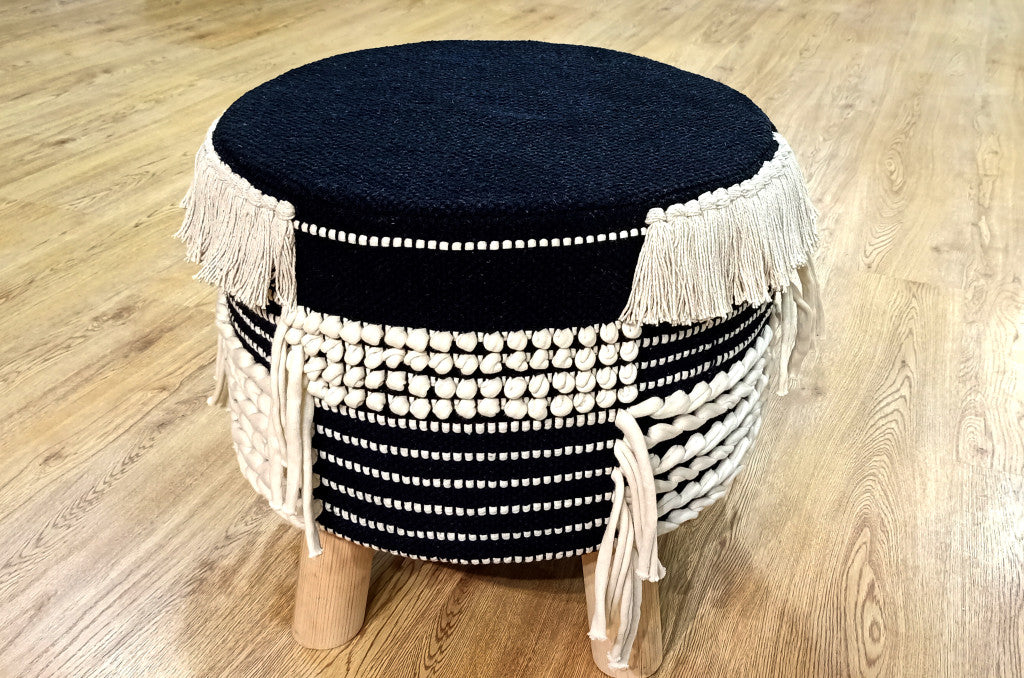 16" Beige And Black Cotton And Natural Round Striped Ottoman