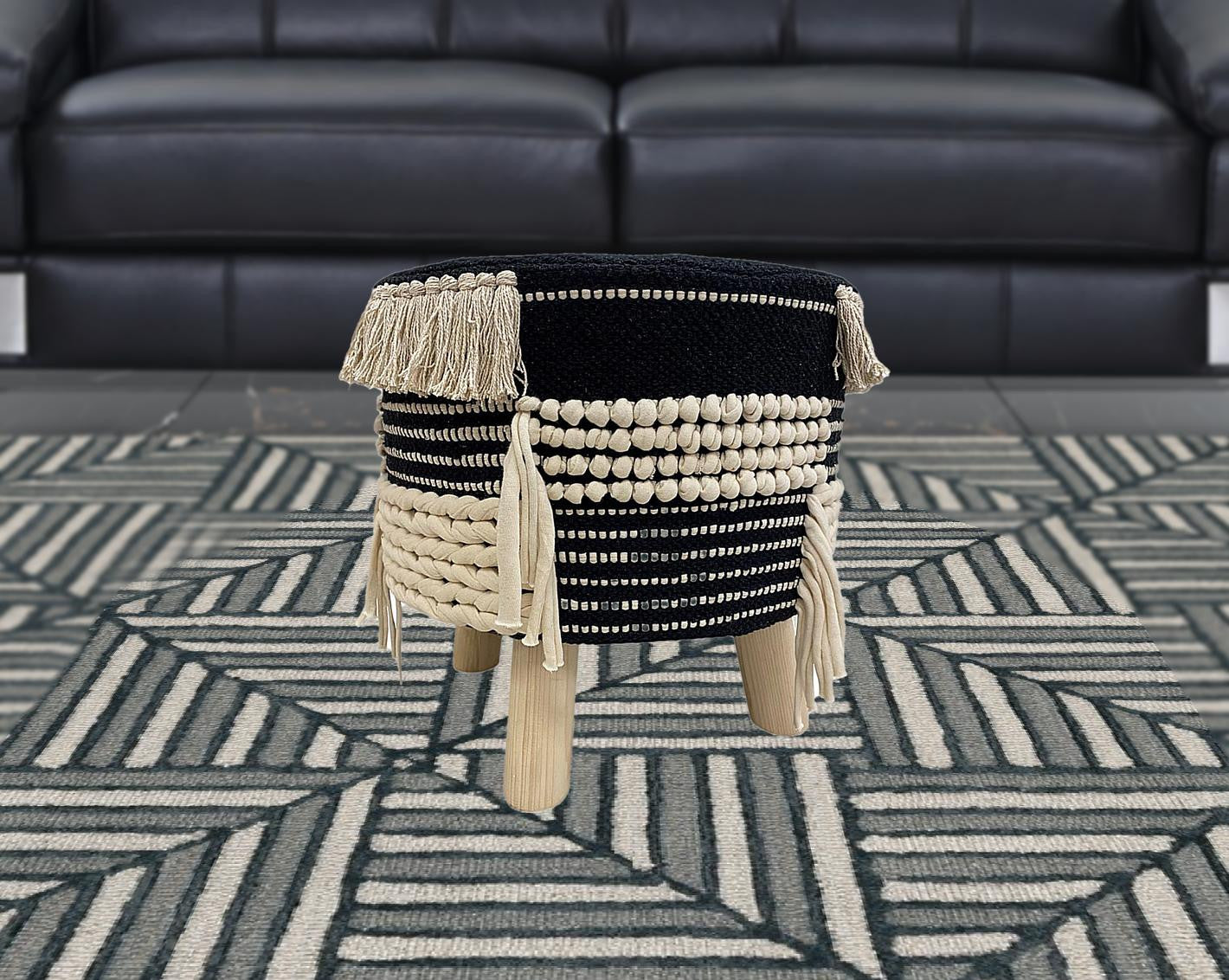 16" Beige And Black Cotton And Natural Round Striped Ottoman