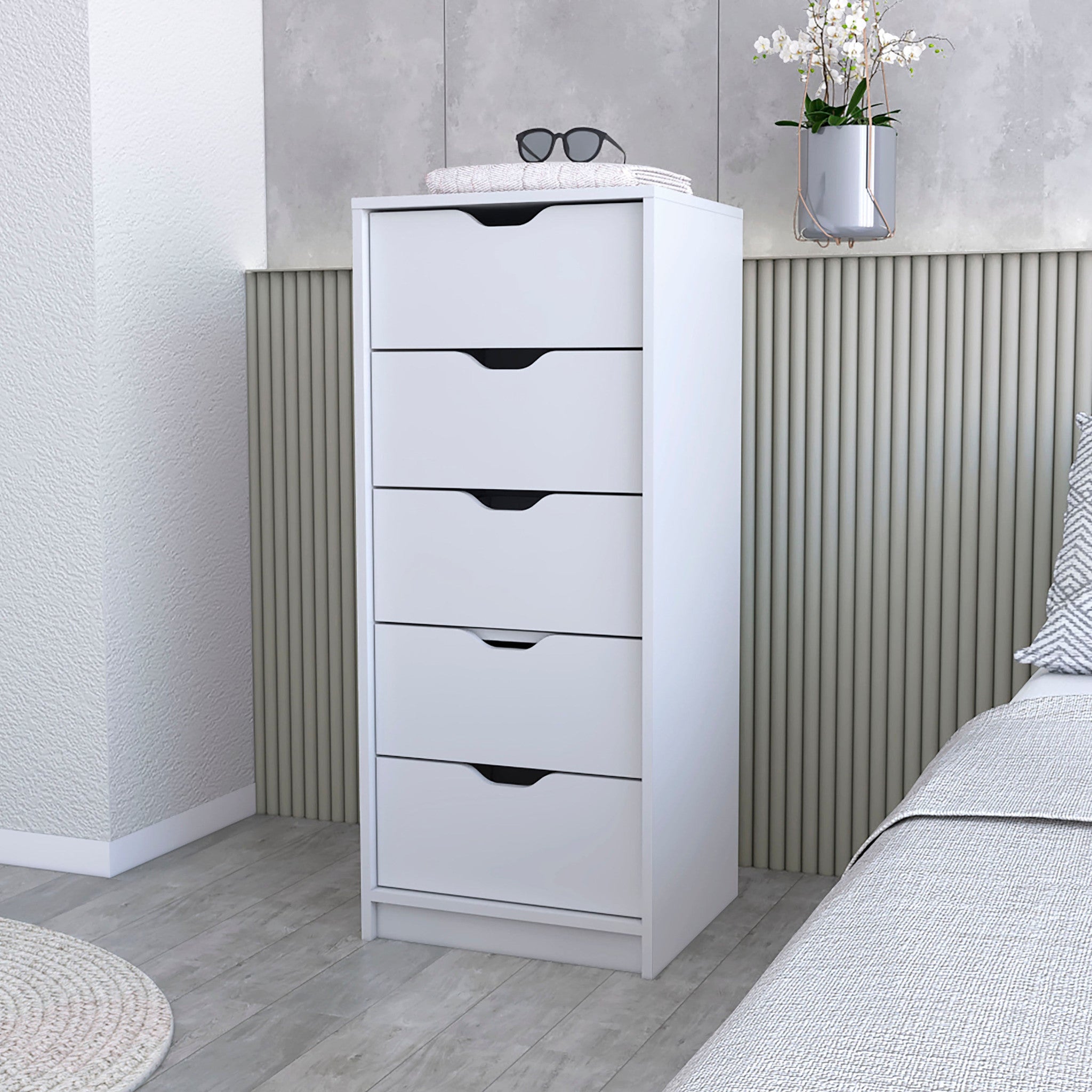 White Wood Five Drawer Narrow Dresser 18"