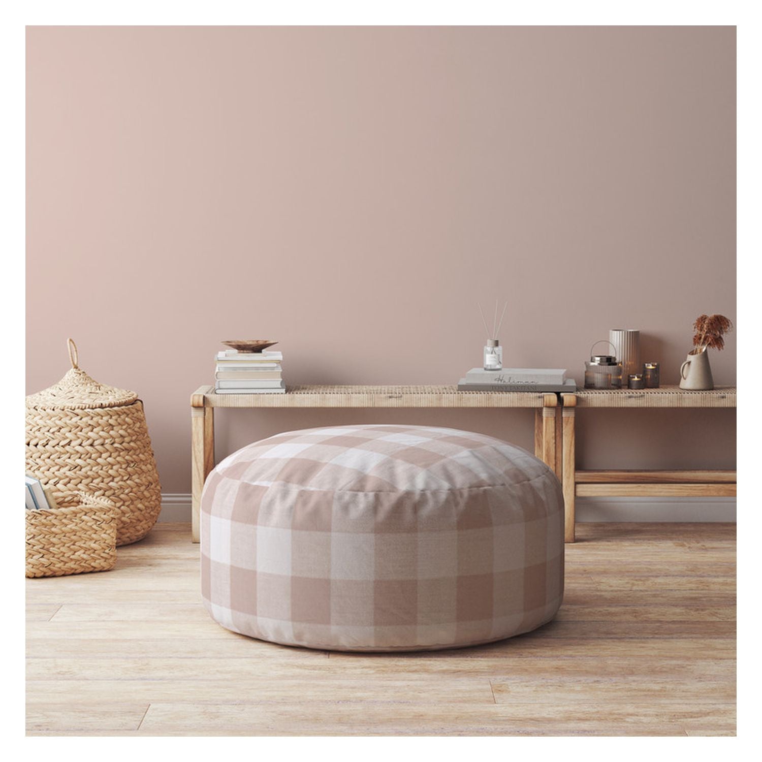 Grey And Pink Cotton Round Gingham Pouf Ottoman 24"