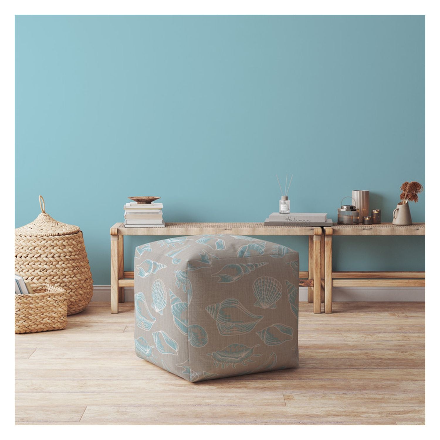 17" Light Blue And Grey Canvas Seashell Print Pouf Ottoman