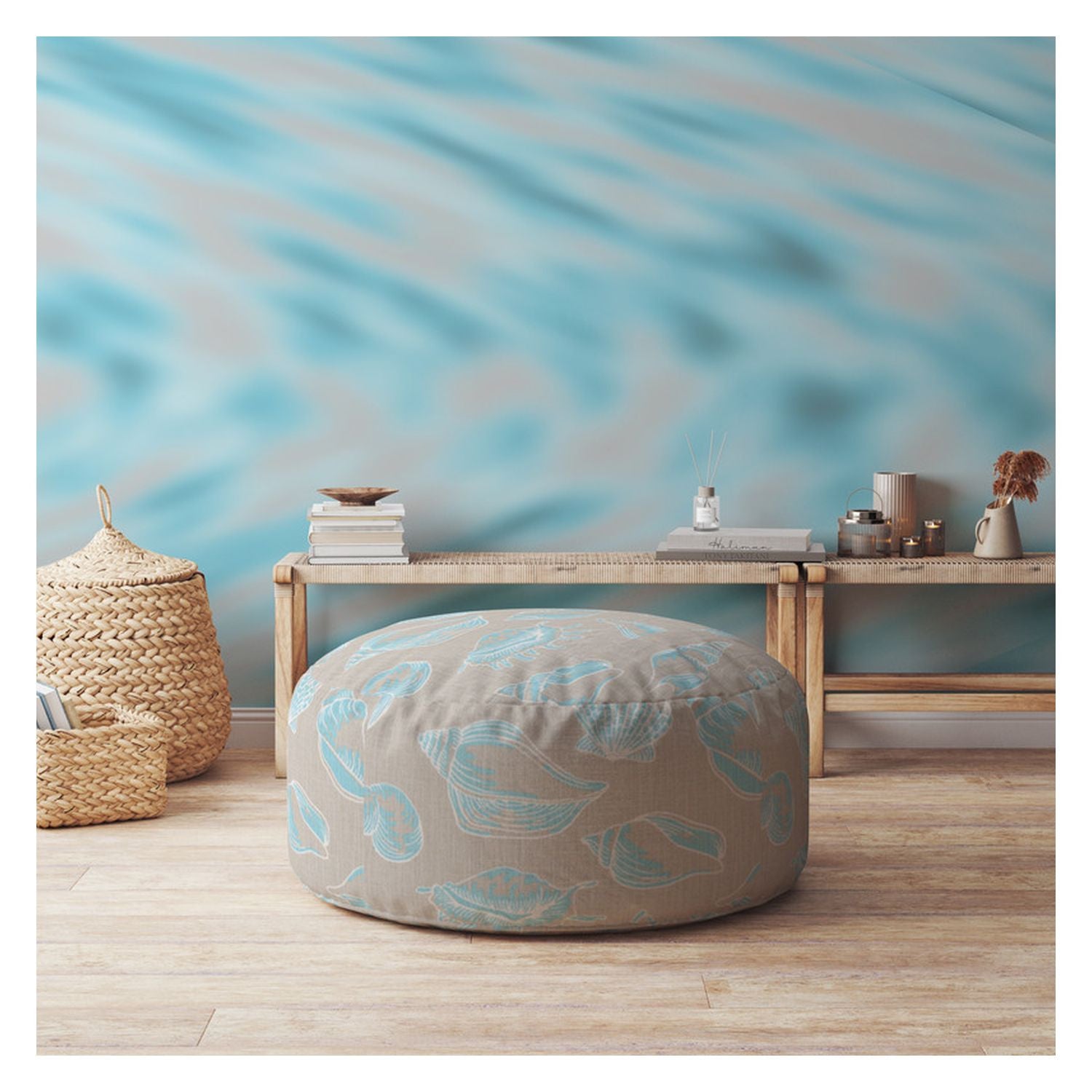 24" Light Blue And Grey Canvas Round Seashell Pouf Ottoman