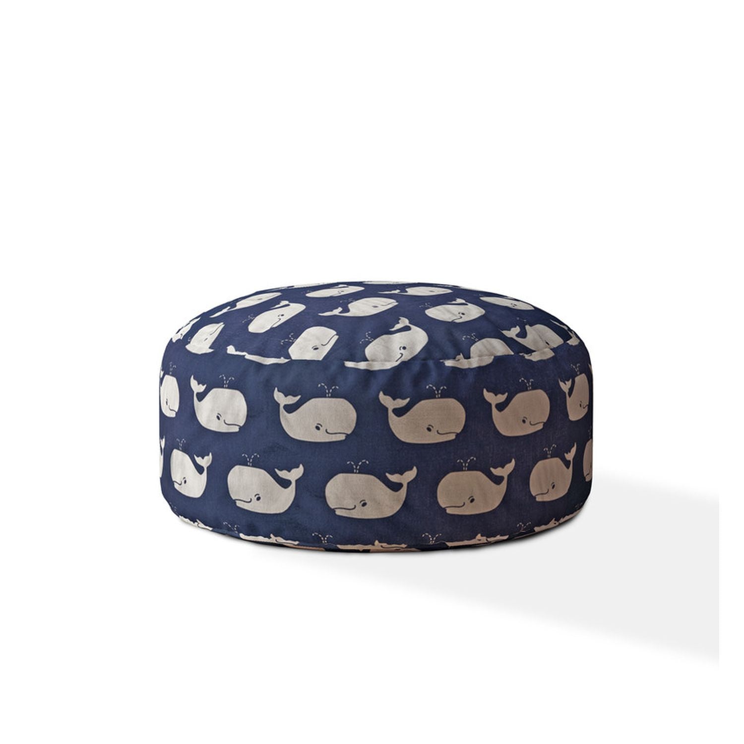 24" Blue And White Twill Round Whale Pouf Ottoman