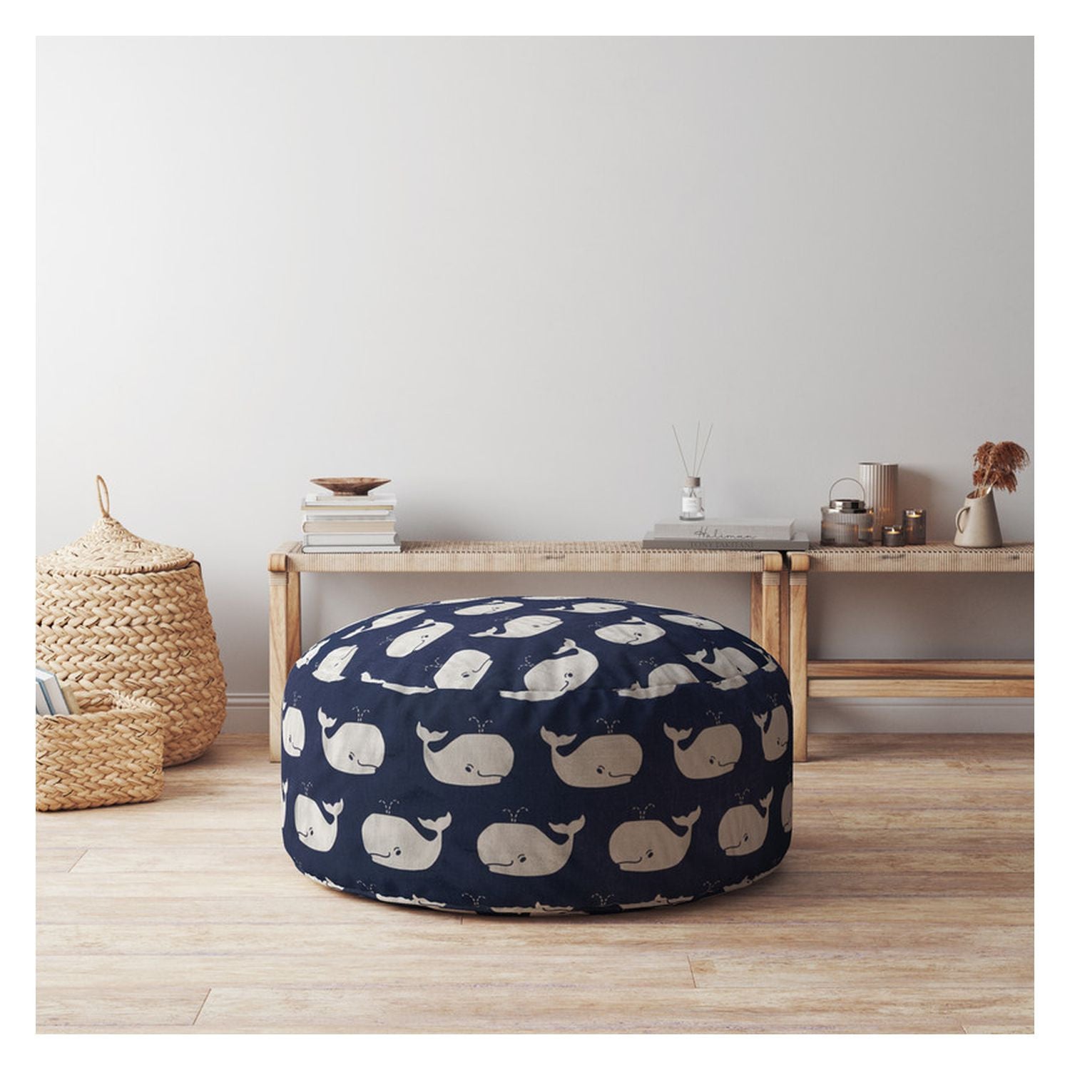 24" Blue And White Twill Round Whale Pouf Ottoman