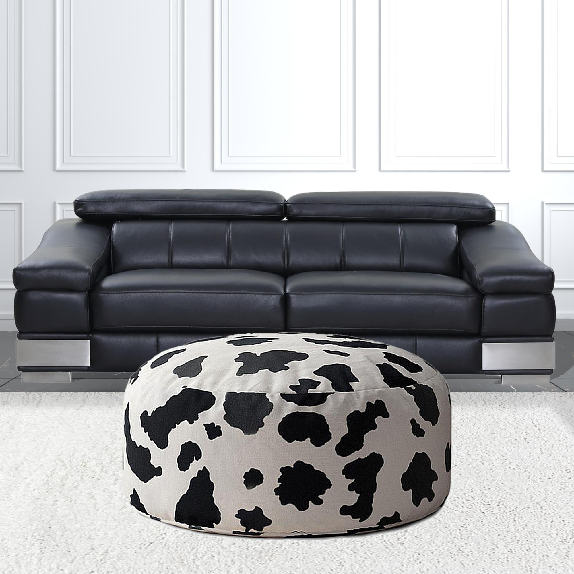 24" White And Black Twill Round Cow Print Pouf Ottoman