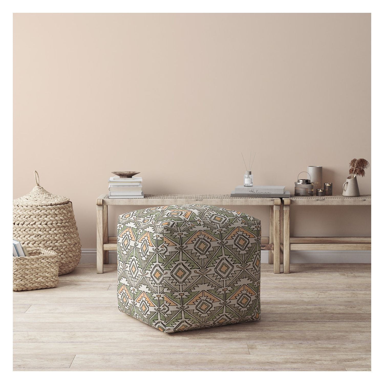 17" Green And Orange Cotton Damask Pouf Ottoman