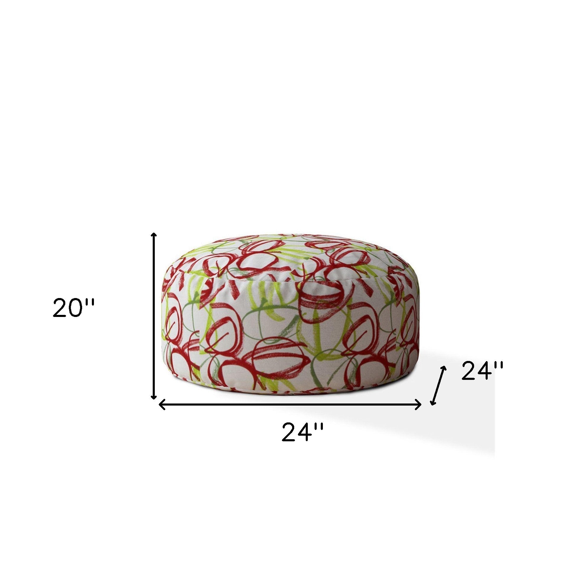 24" White Red And Green Cotton Round Abstract Pouf Ottoman