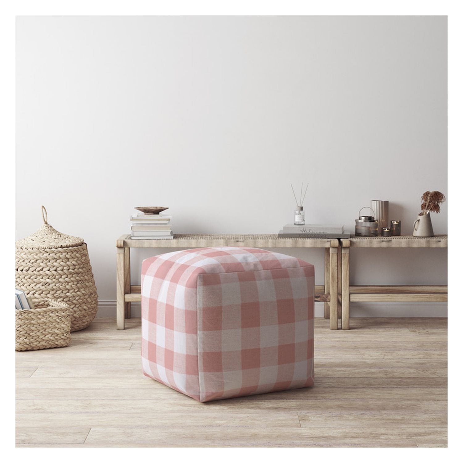 17" Pink And White Cotton Gingham Pouf Ottoman