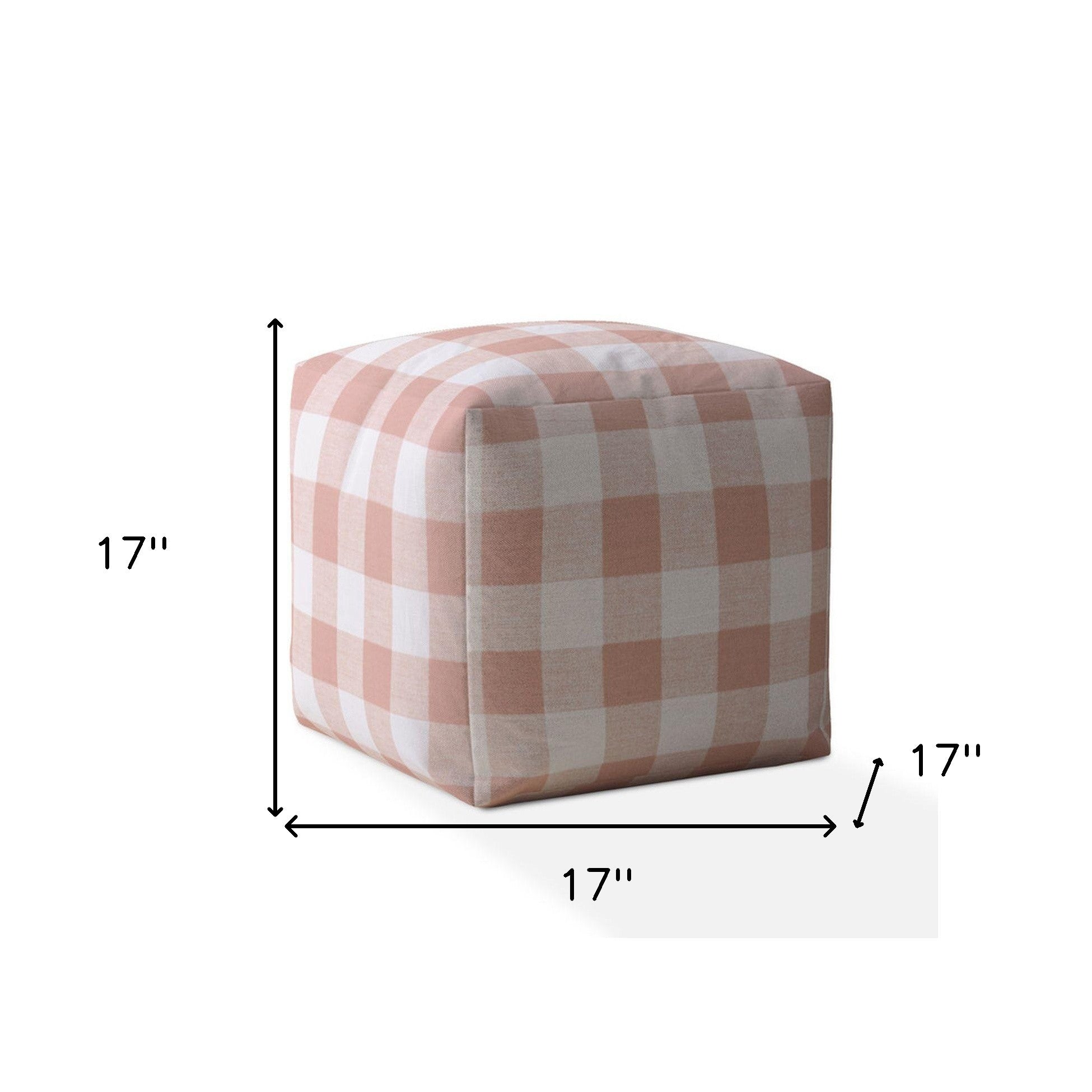 17" Pink And White Cotton Gingham Pouf Ottoman