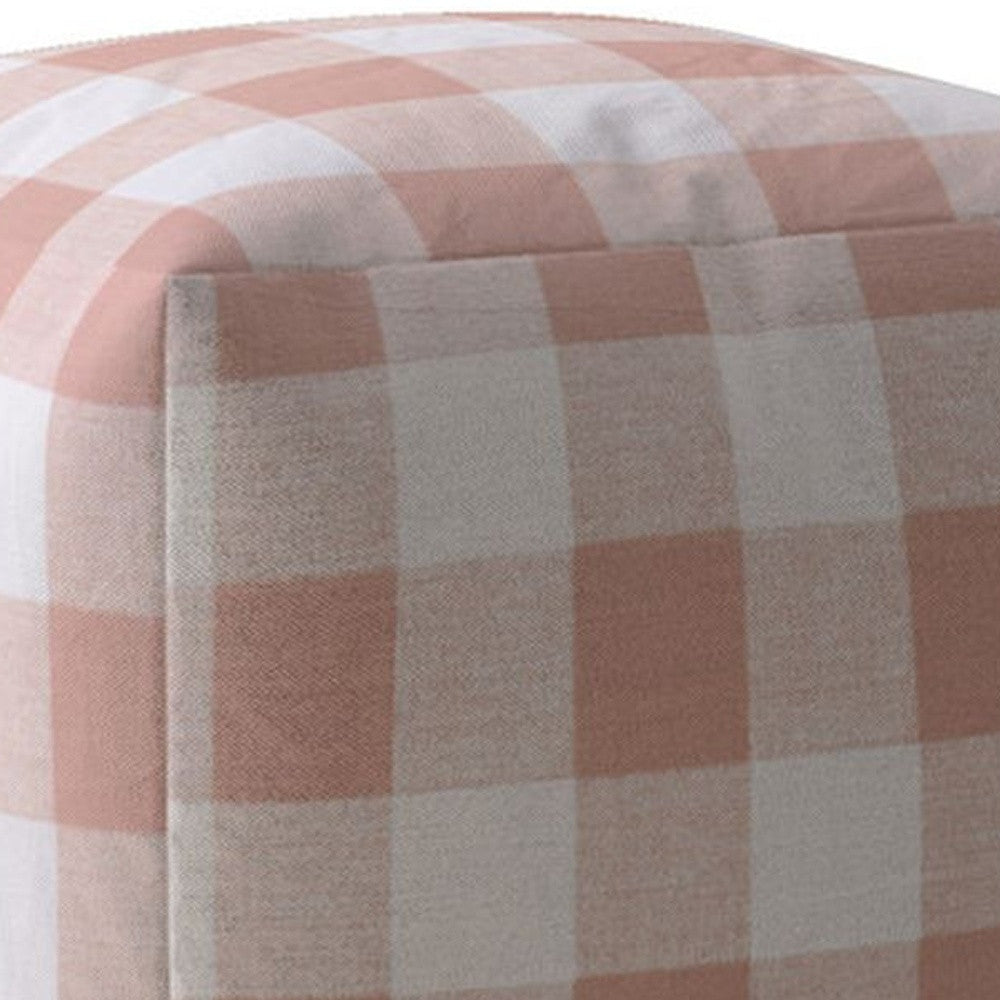 17" Pink And White Cotton Gingham Pouf Ottoman