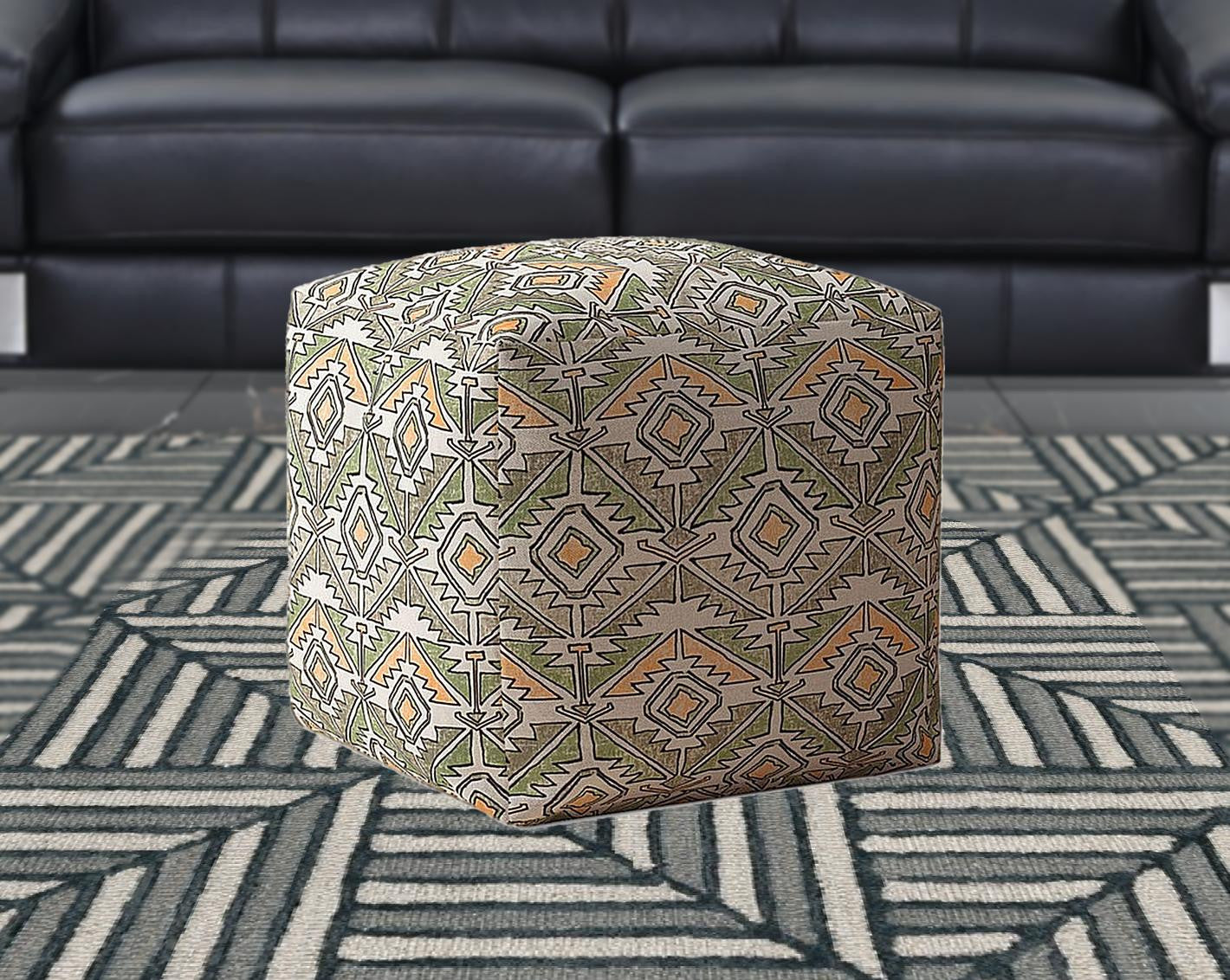 17" Orange And Green Cotton Damask Pouf Ottoman