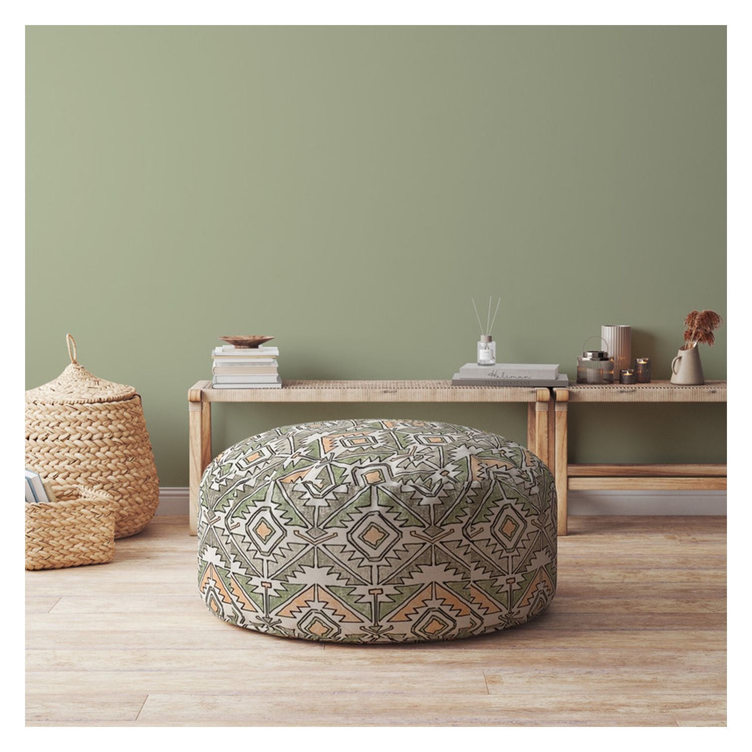 24" Green Cotton Round Damask Pouf Ottoman
