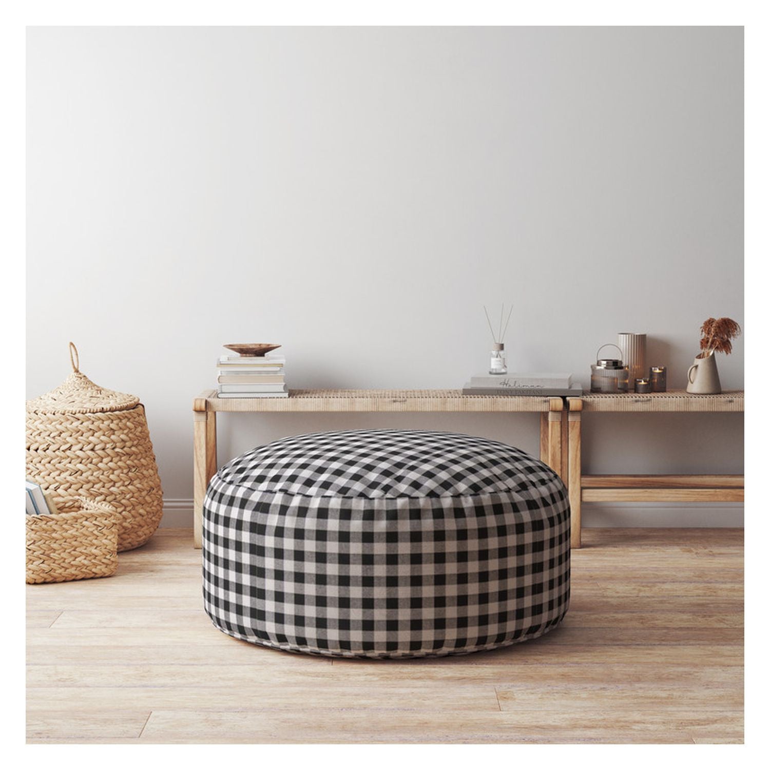 24" Black And Grey Cotton Round Gingham Pouf Ottoman