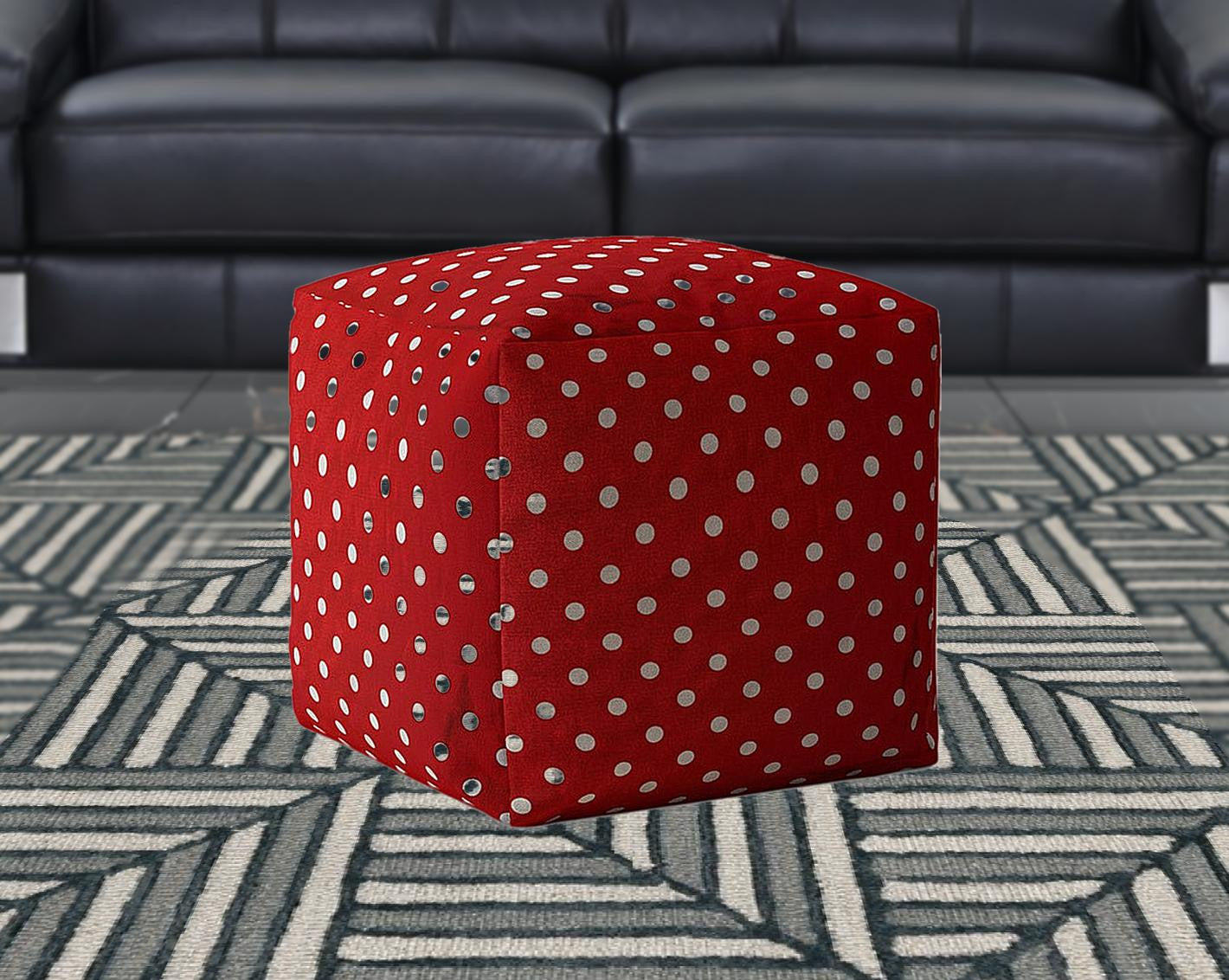 17" Red And White Cotton Polka Dots Pouf Ottoman