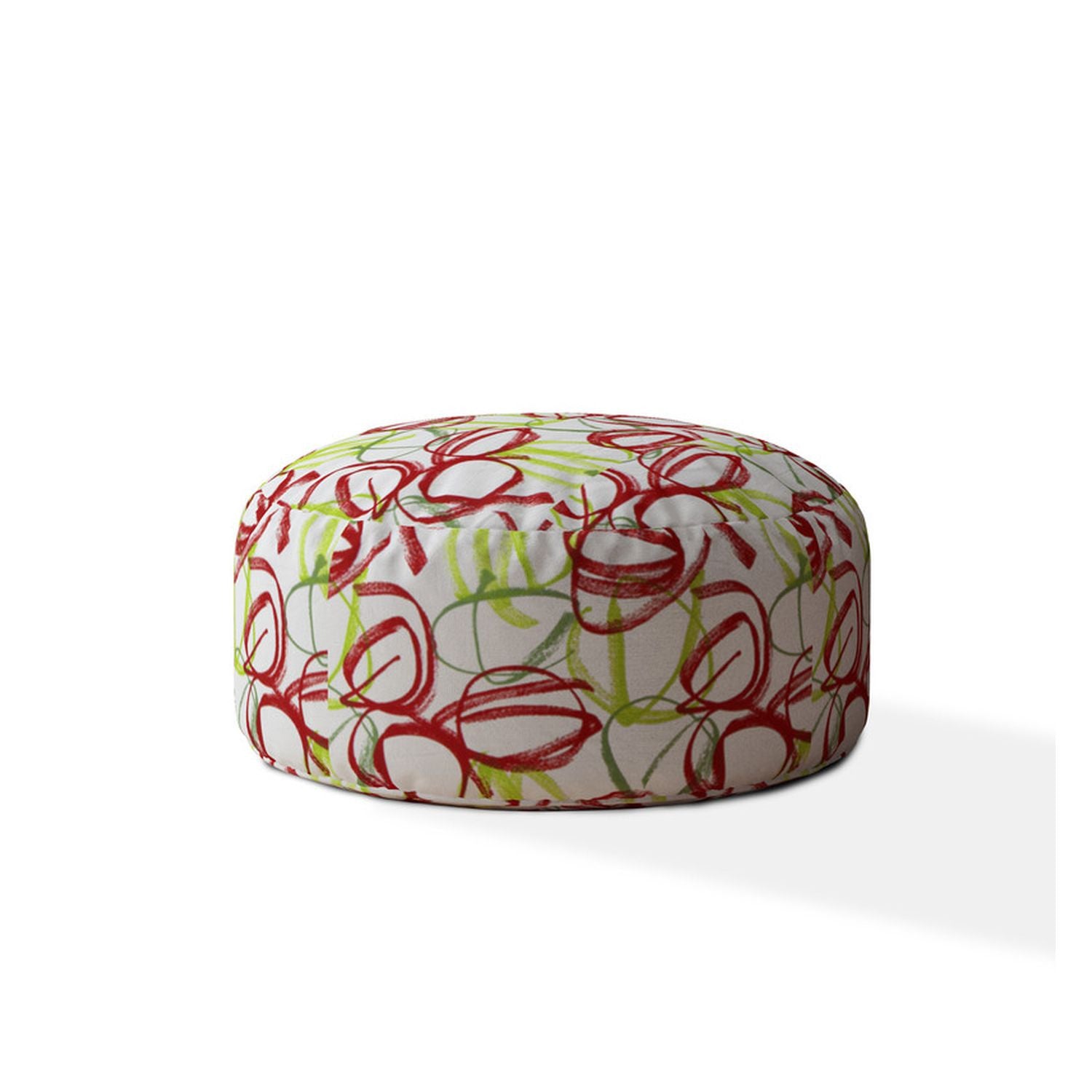 24" White Green And Red Cotton Round Abstract Pouf Ottoman