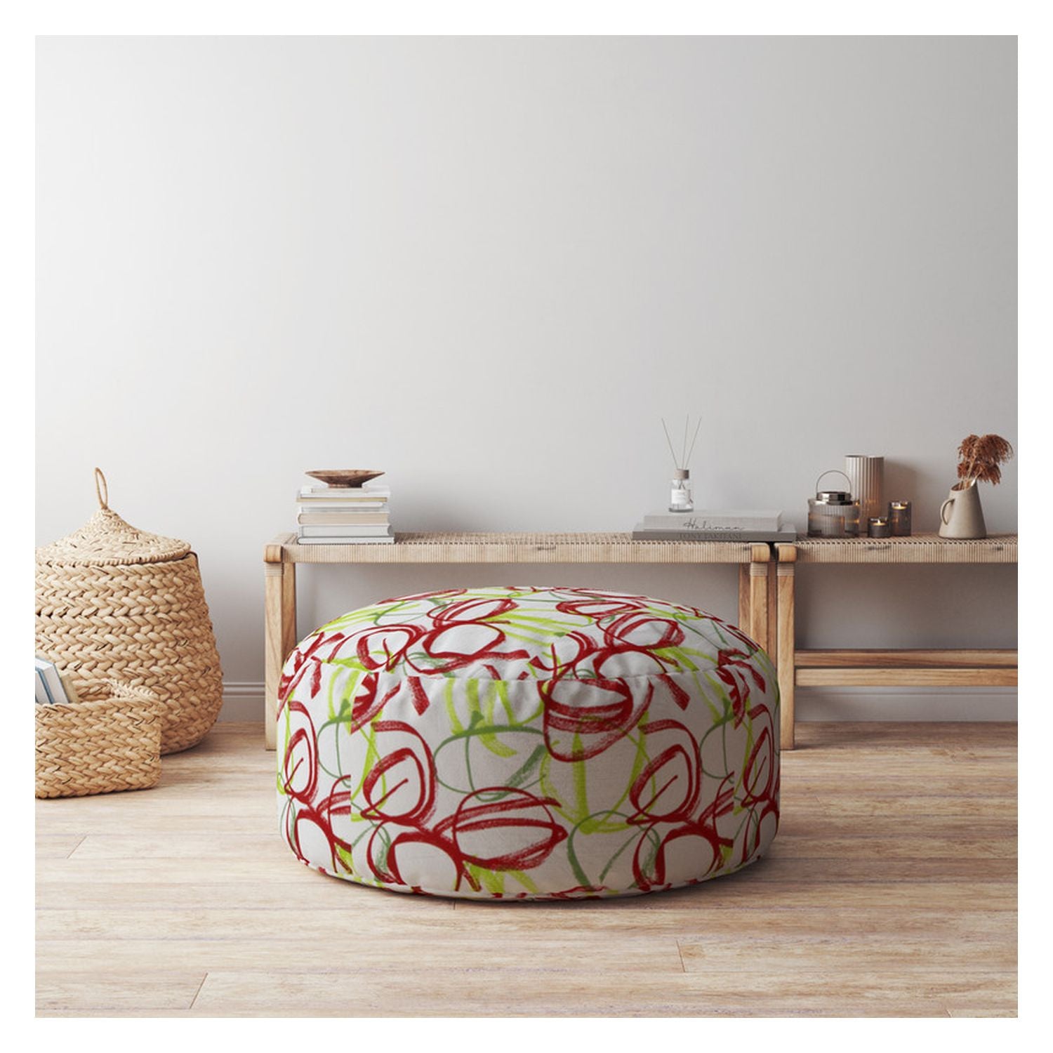 24" White Green And Red Cotton Round Abstract Pouf Ottoman