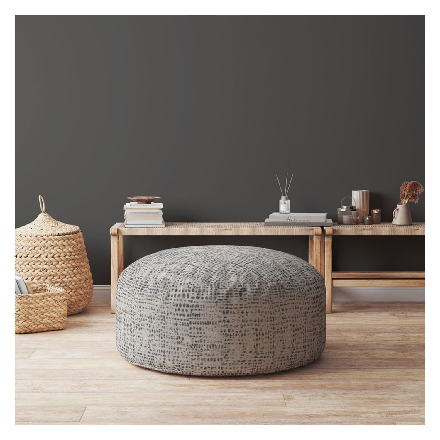 24" Grey And Black Canvas Round Abstract Pouf Ottoman