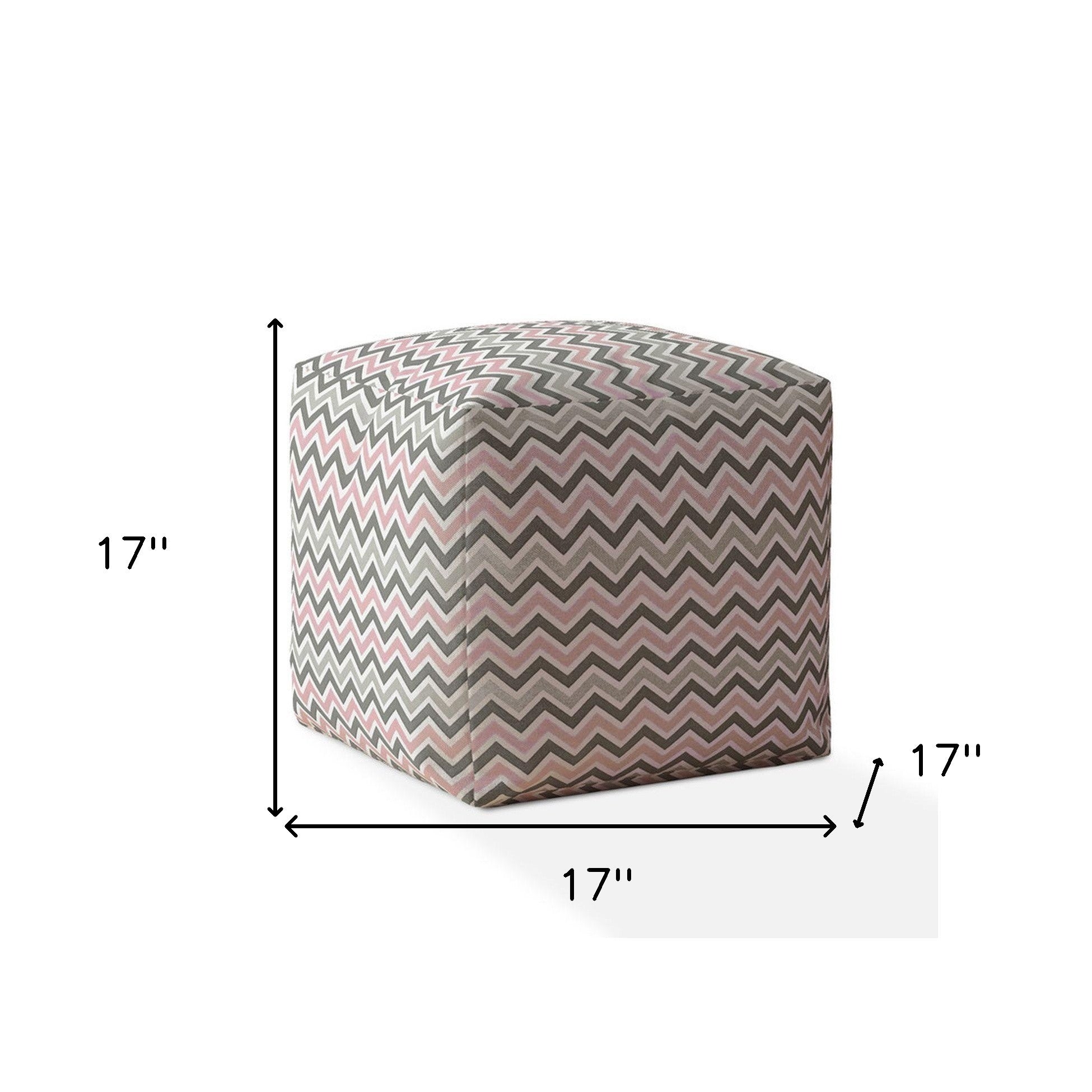 Grey And Pink Twill Chevron Pouf Ottoman 17"