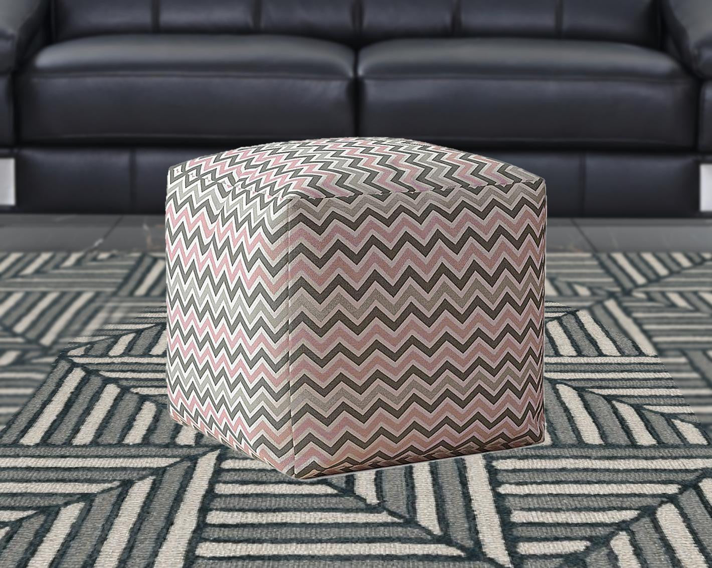 Grey And Pink Twill Chevron Pouf Ottoman 17"