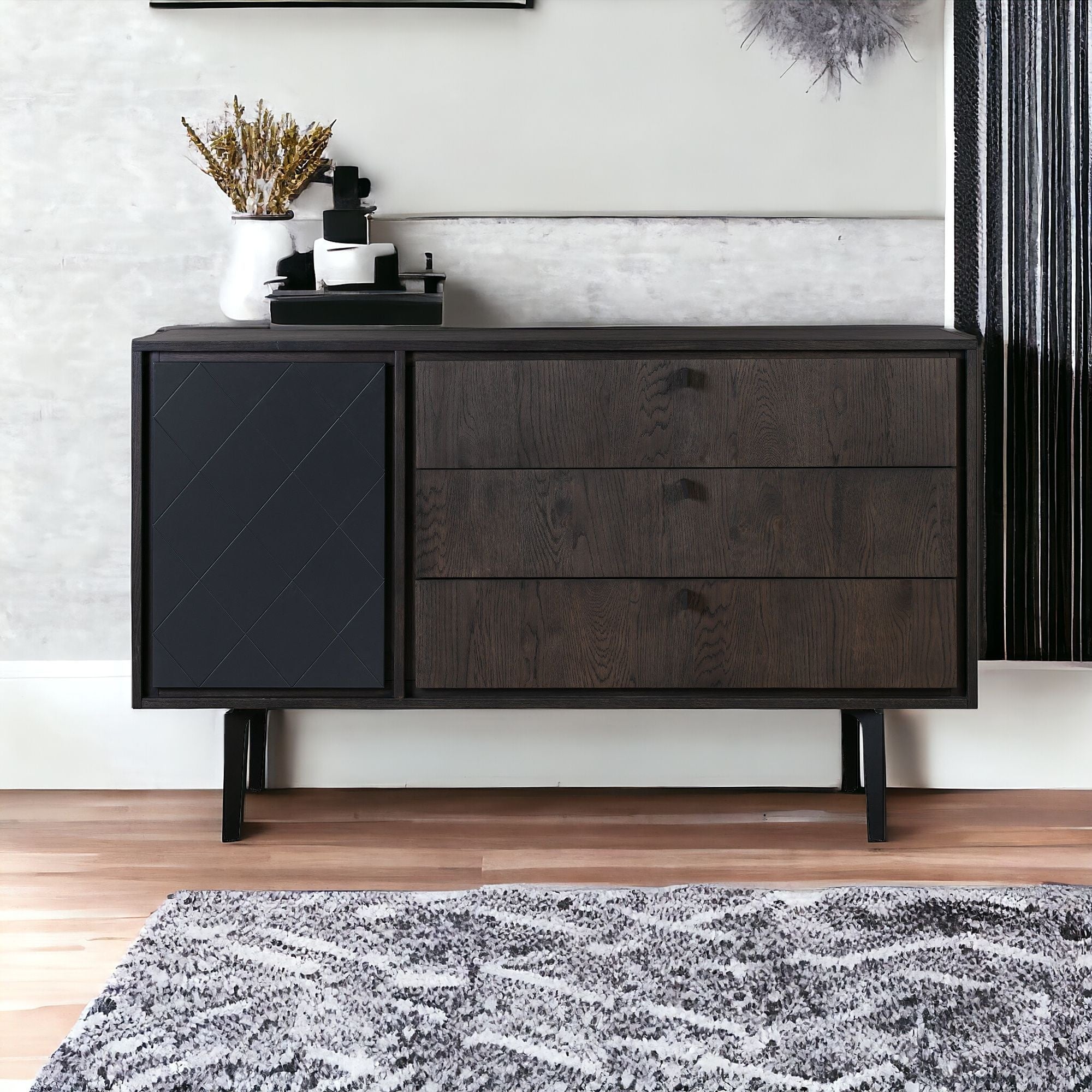 63" Dark Gray Finish Solid Wood and Metal Three Drawer Standard Dresser