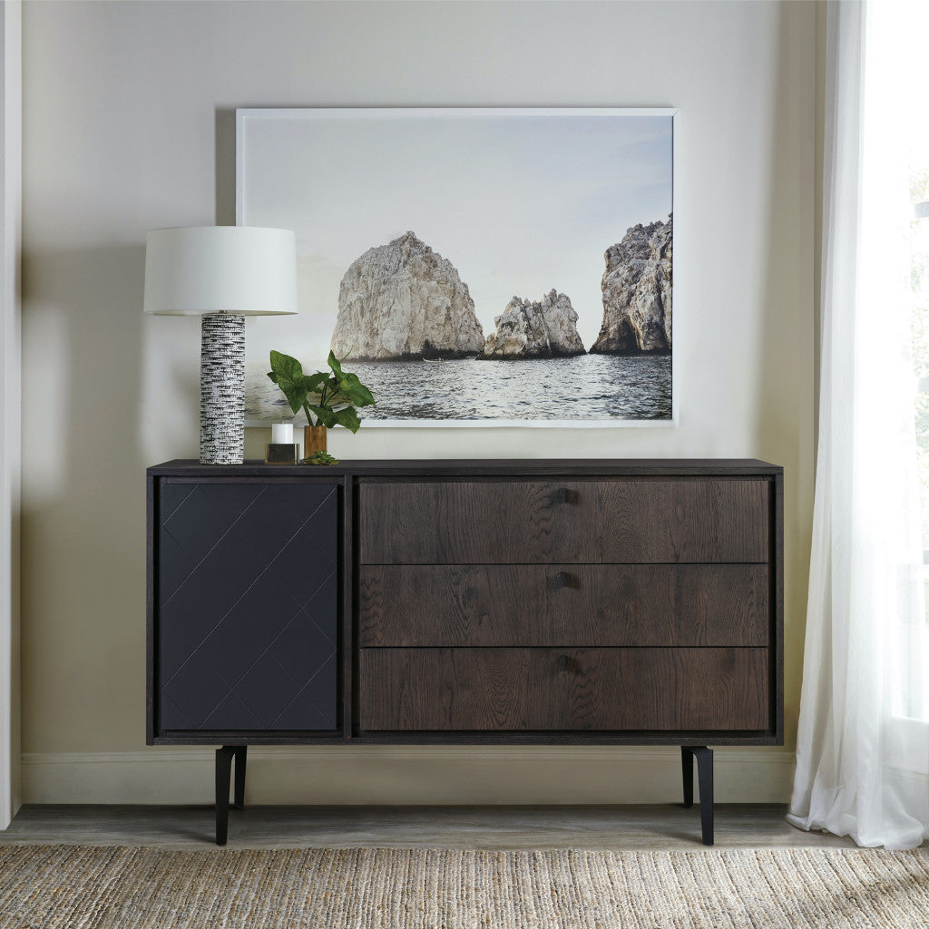 63" Dark Gray Finish Solid Wood and Metal Three Drawer Standard Dresser