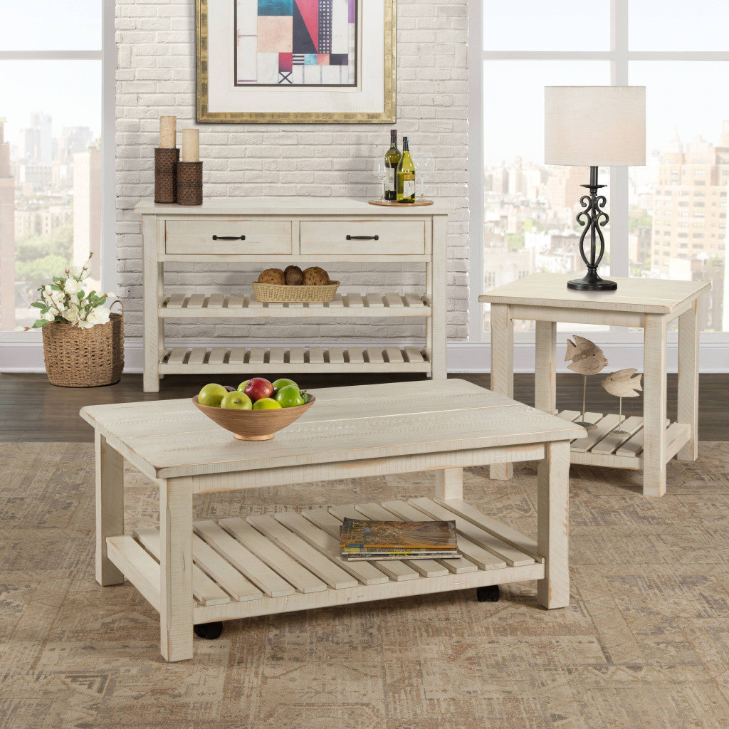 24" Rustic White Solid Wood Square End Table With Shelf