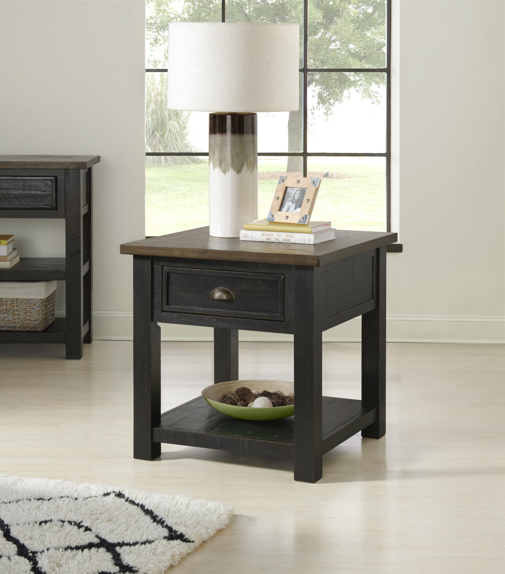 Black And Brown Solid Wood End Table With Drawer And Shelf 24"