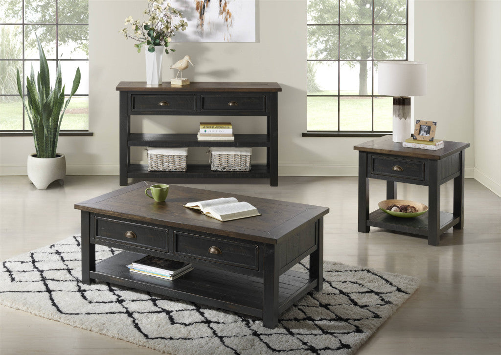 Black And Brown Solid Wood End Table With Drawer And Shelf 24"