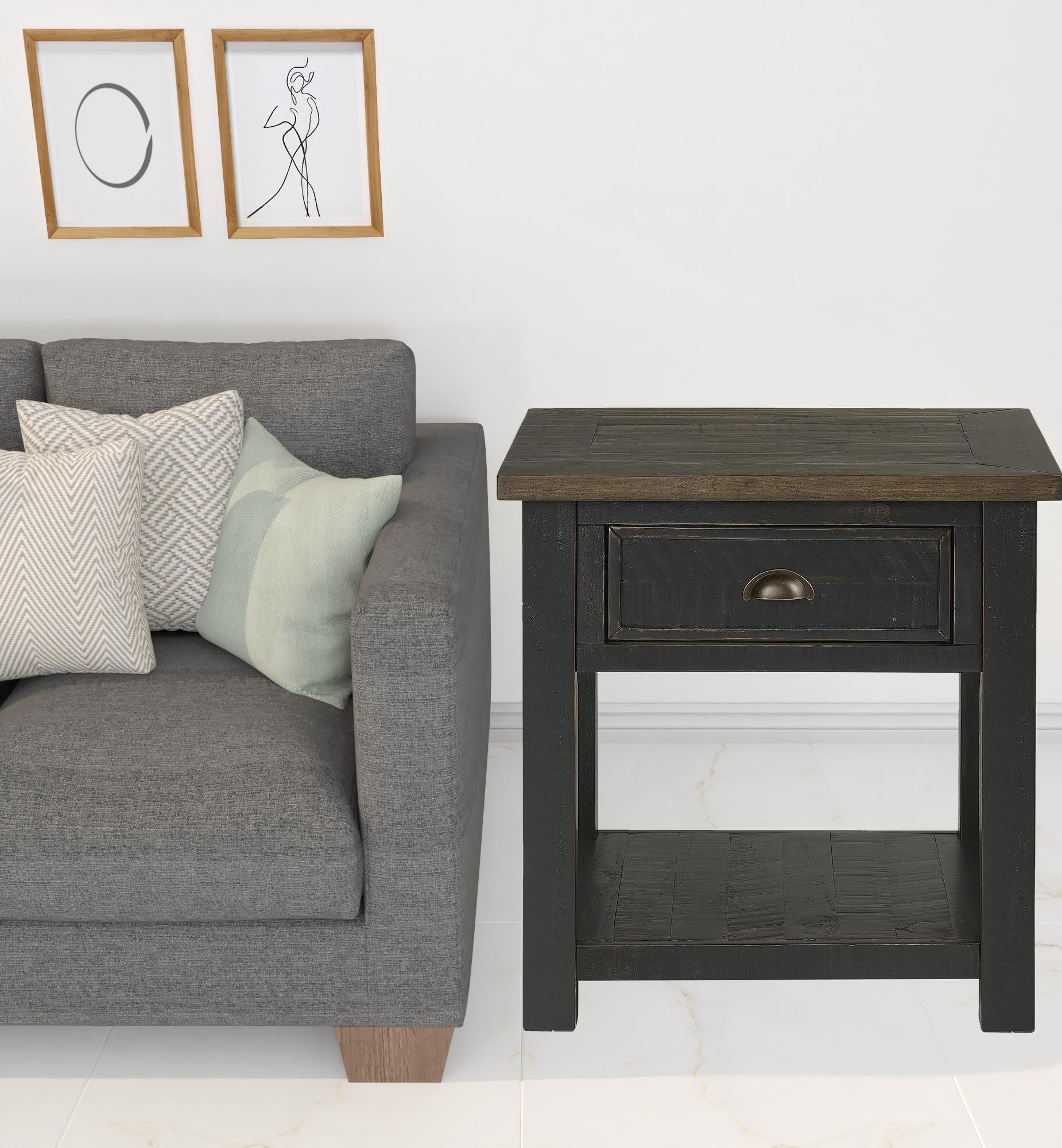 Black And Brown Solid Wood End Table With Drawer And Shelf 24"