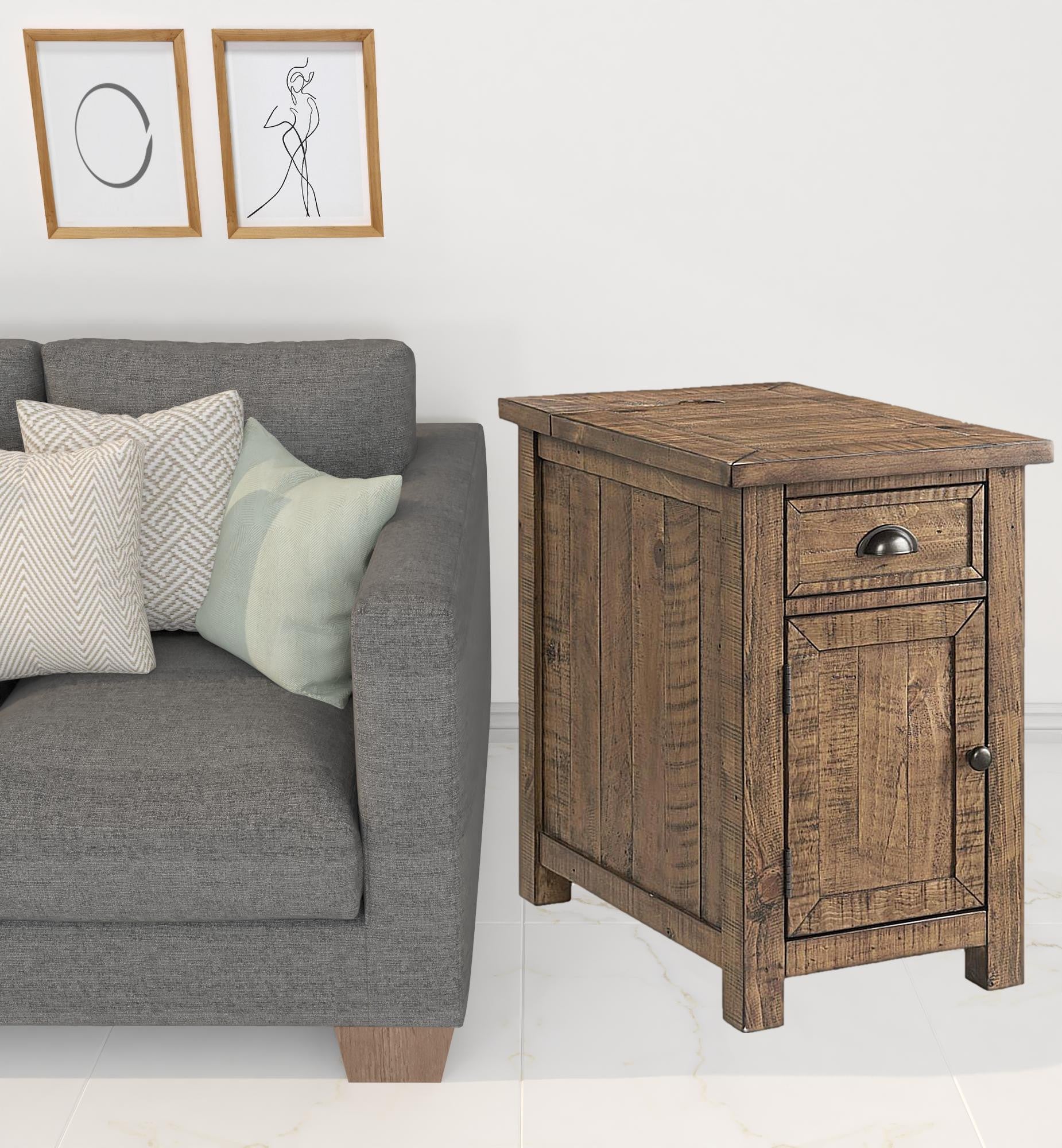 25" Natural Solid Wood Narrow End Table With Drawer and USB