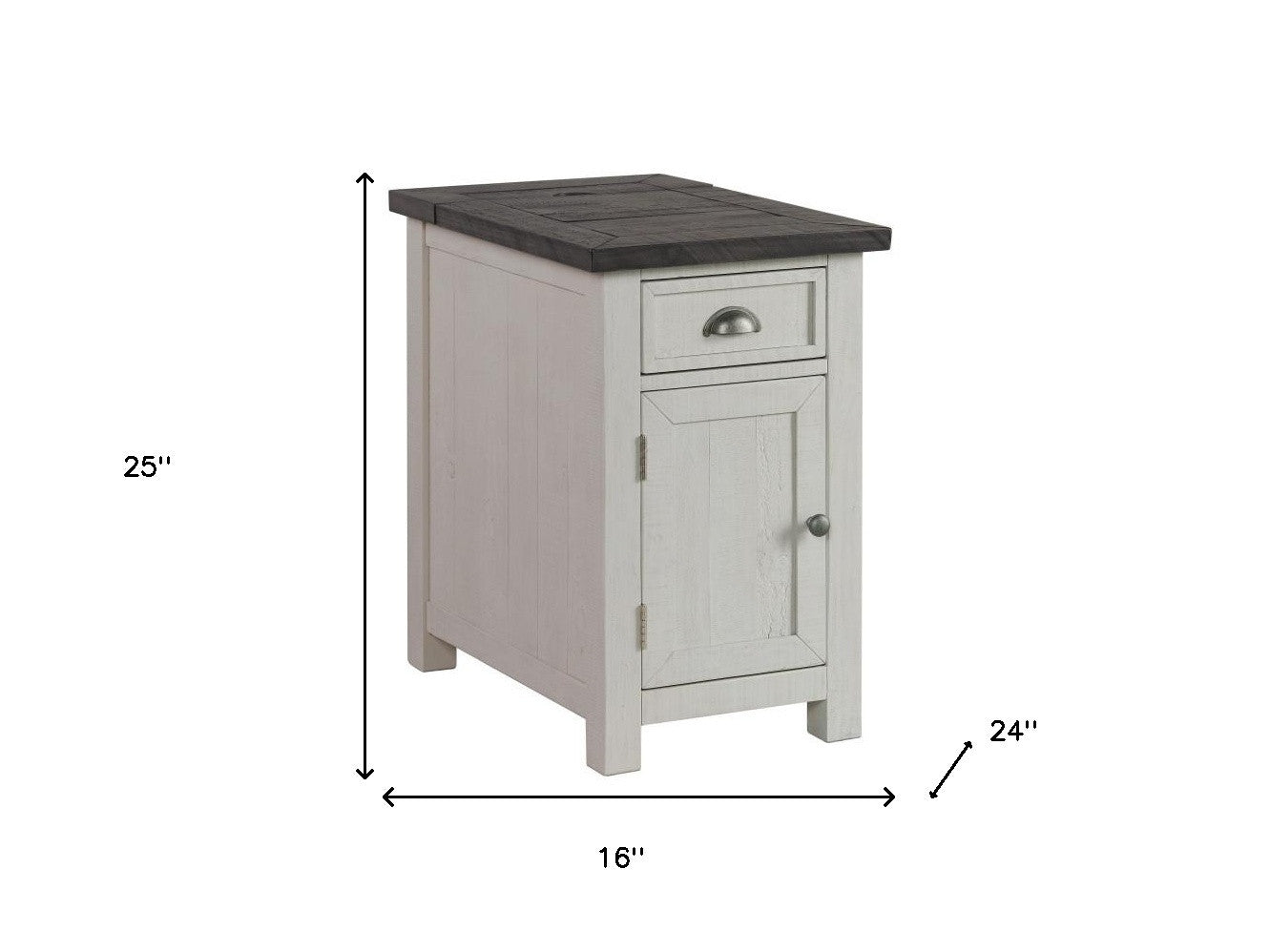 25" White and Grey Solid Wood Rectangular End Table With USB and Outlets