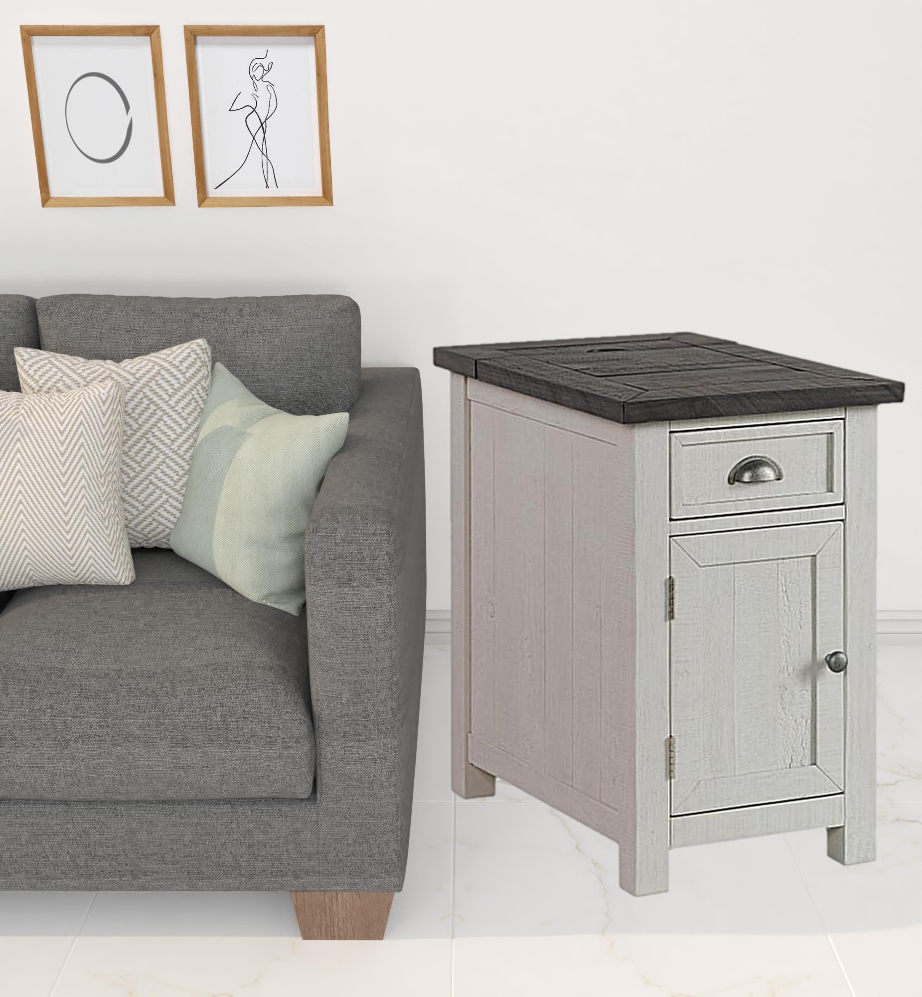 25" White and Grey Solid Wood Rectangular End Table With USB and Outlets