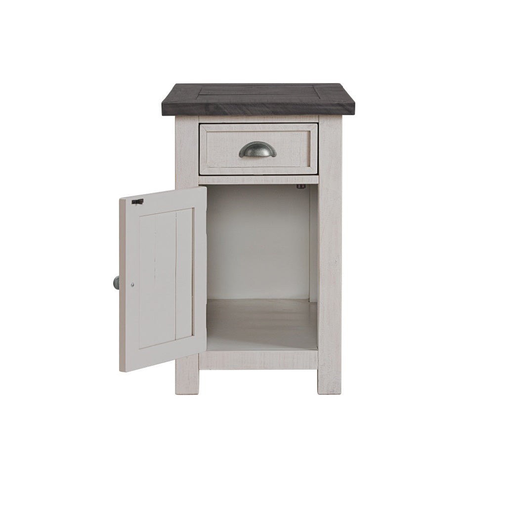 25" White and Grey Solid Wood Rectangular End Table With USB and Outlets