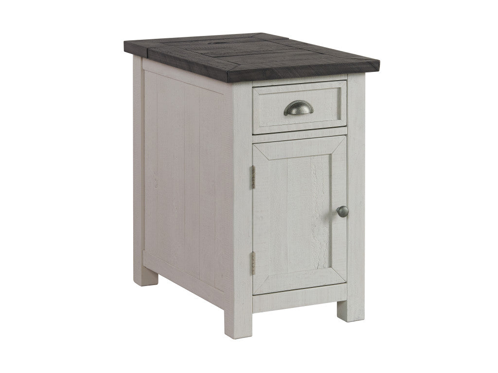 25" White and Grey Solid Wood Rectangular End Table With USB and Outlets