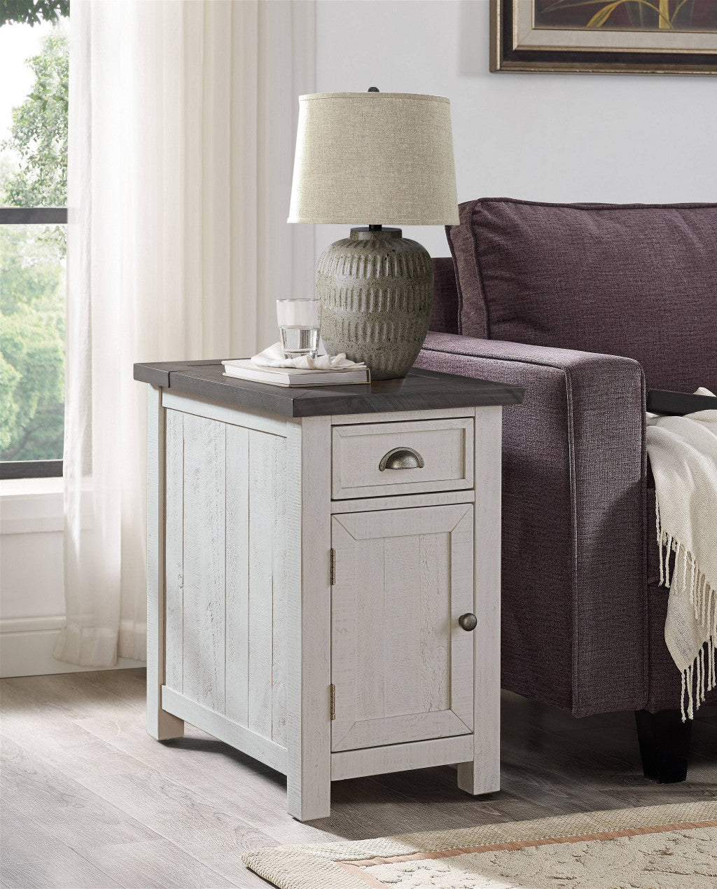 25" White and Grey Solid Wood Rectangular End Table With USB and Outlets