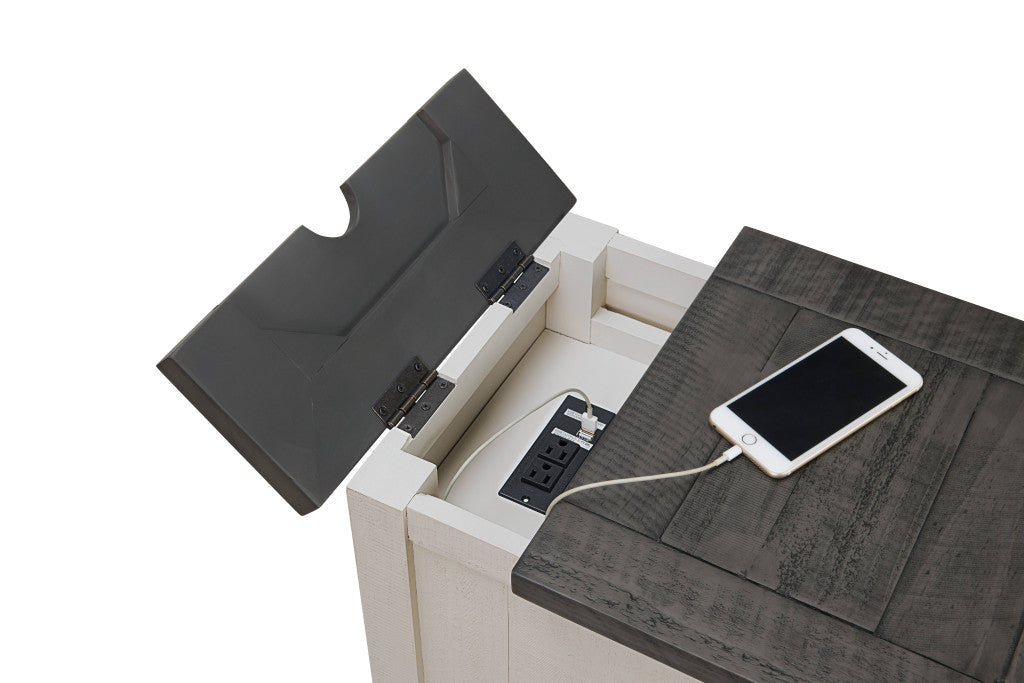 25" White and Grey Solid Wood Rectangular End Table With USB and Outlets