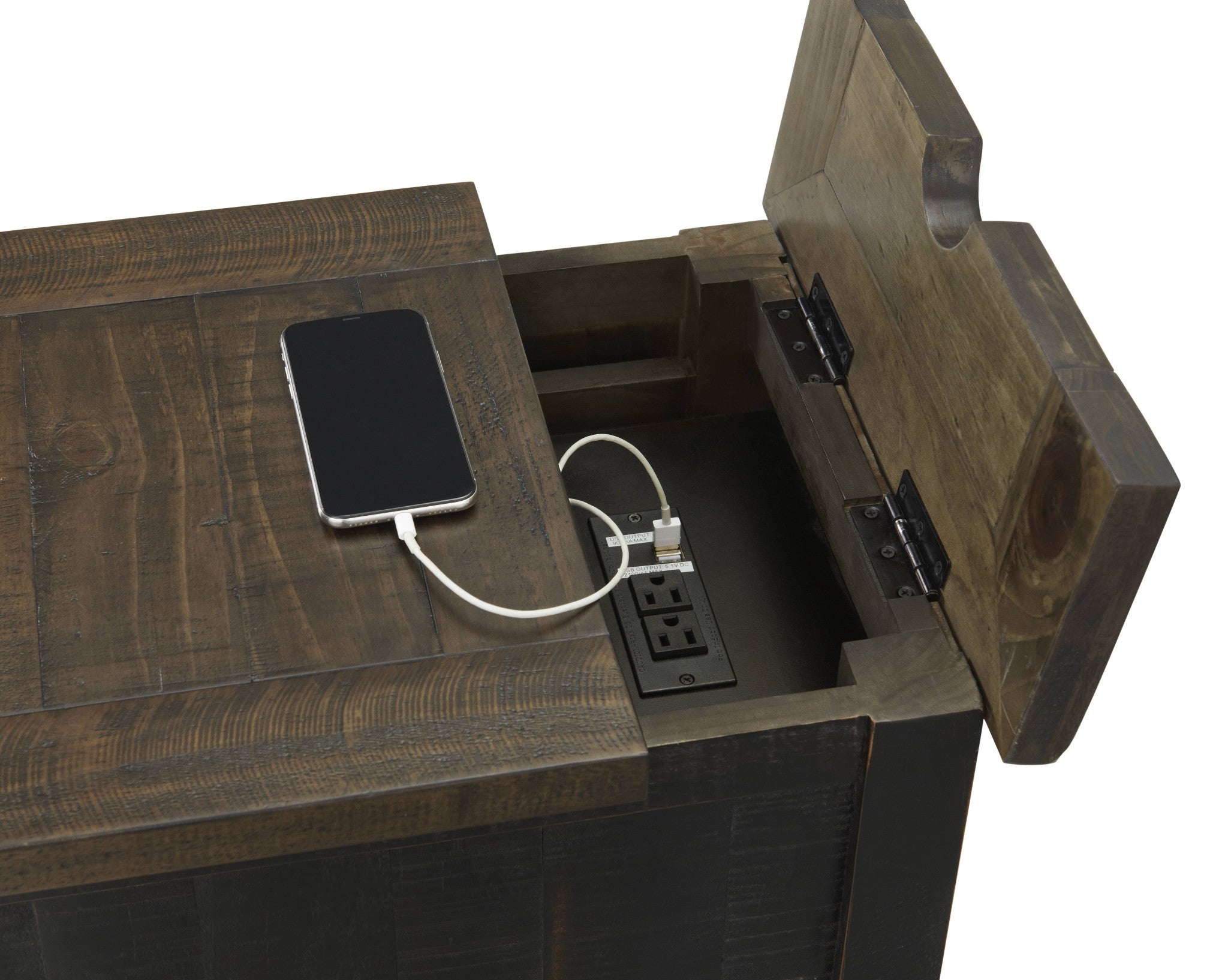 Black And Brown Solid Wood End Table With USB and Outlets 25"