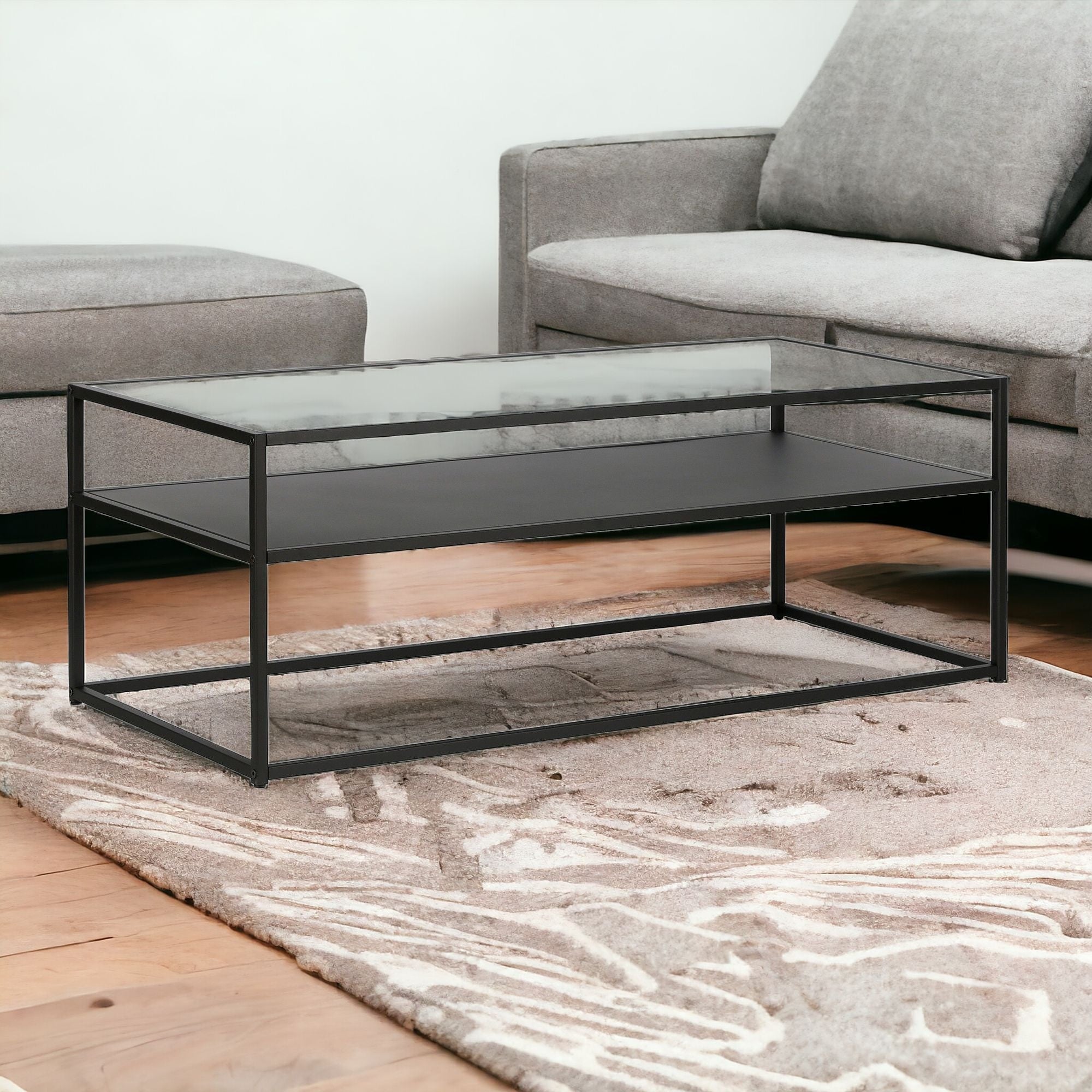 46" Black Glass Rectangular Coffee Table With Shelf