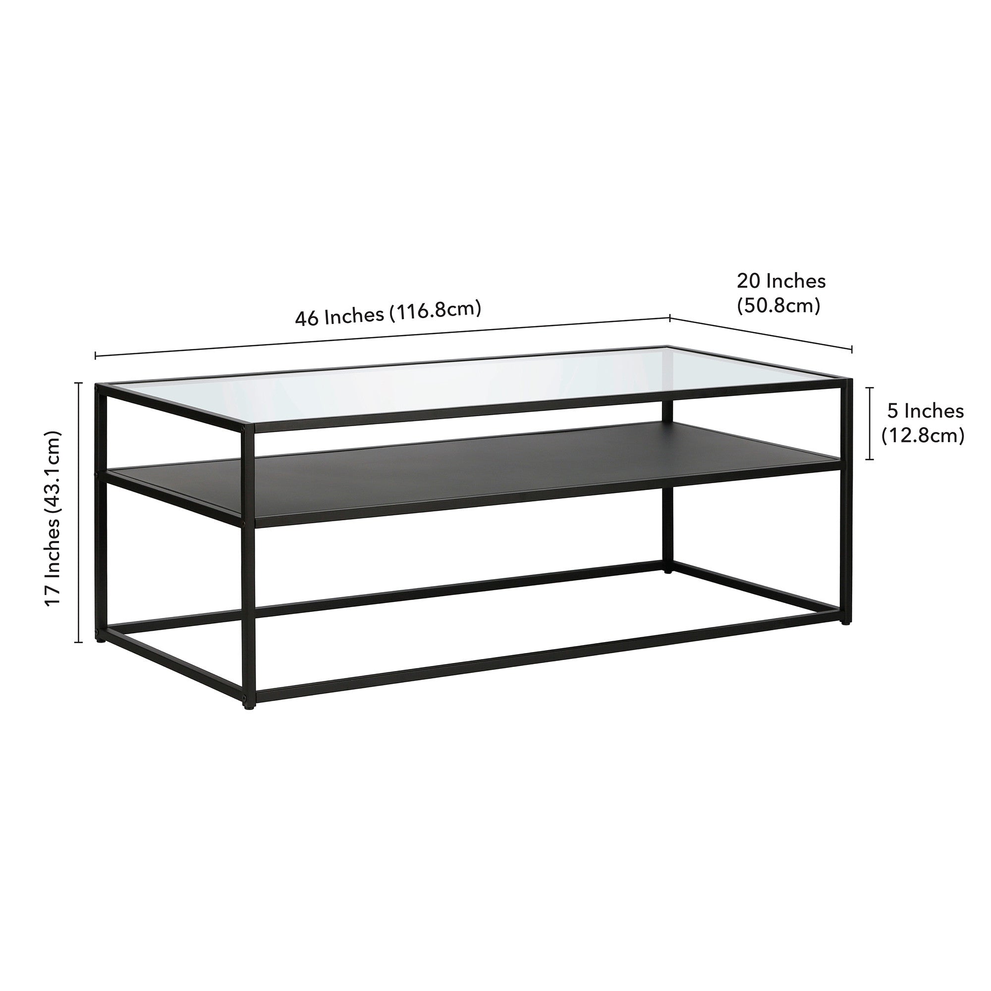 46" Black Glass Rectangular Coffee Table With Shelf