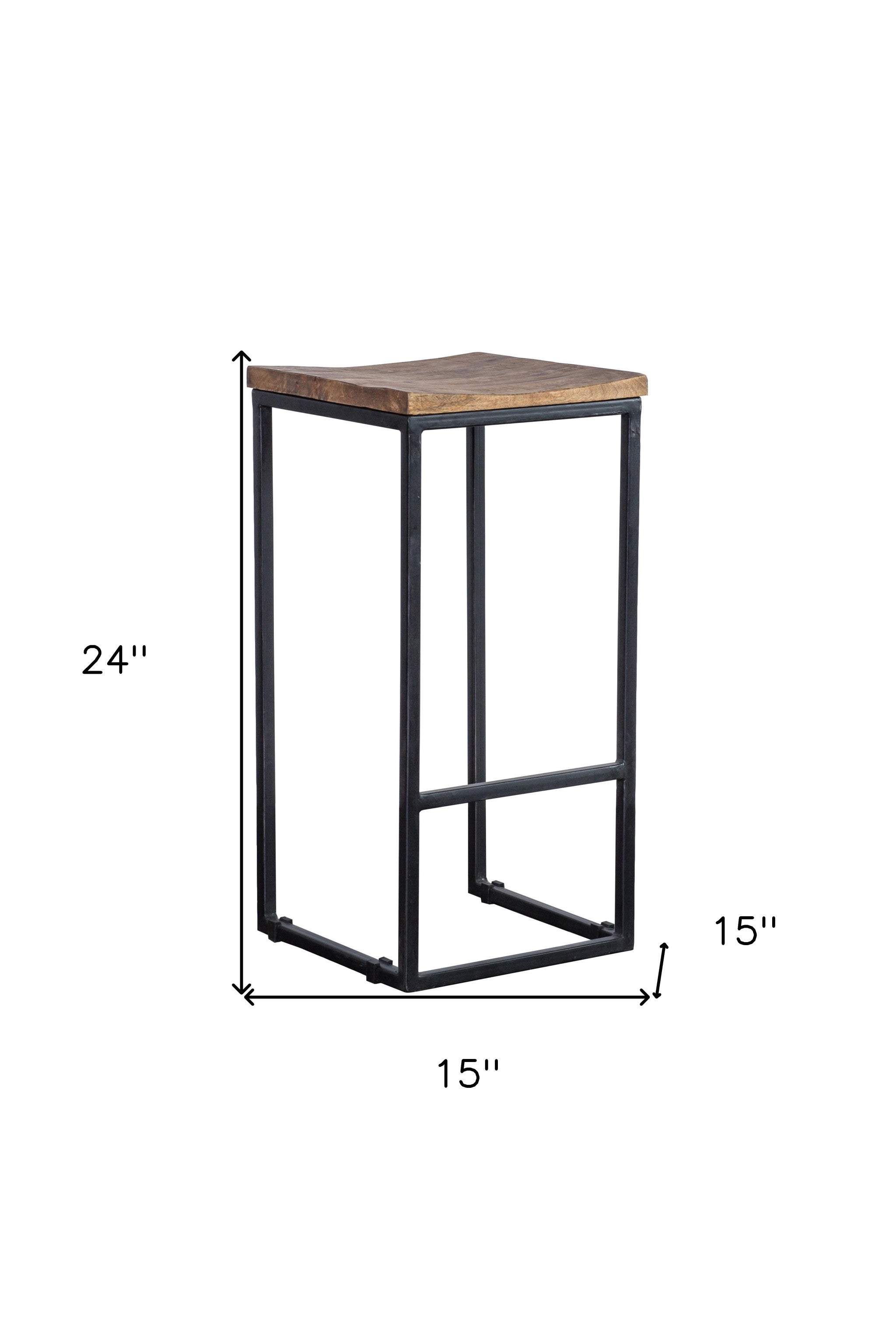 24" Wood Brown And Black Iron Backless Counter Height Bar Chair With Footrest