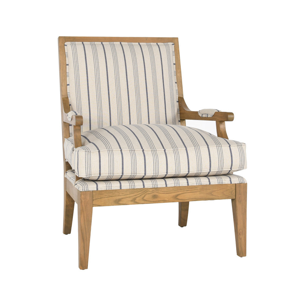 29" Blue And Ivory Linen Blend Striped Arm Chair