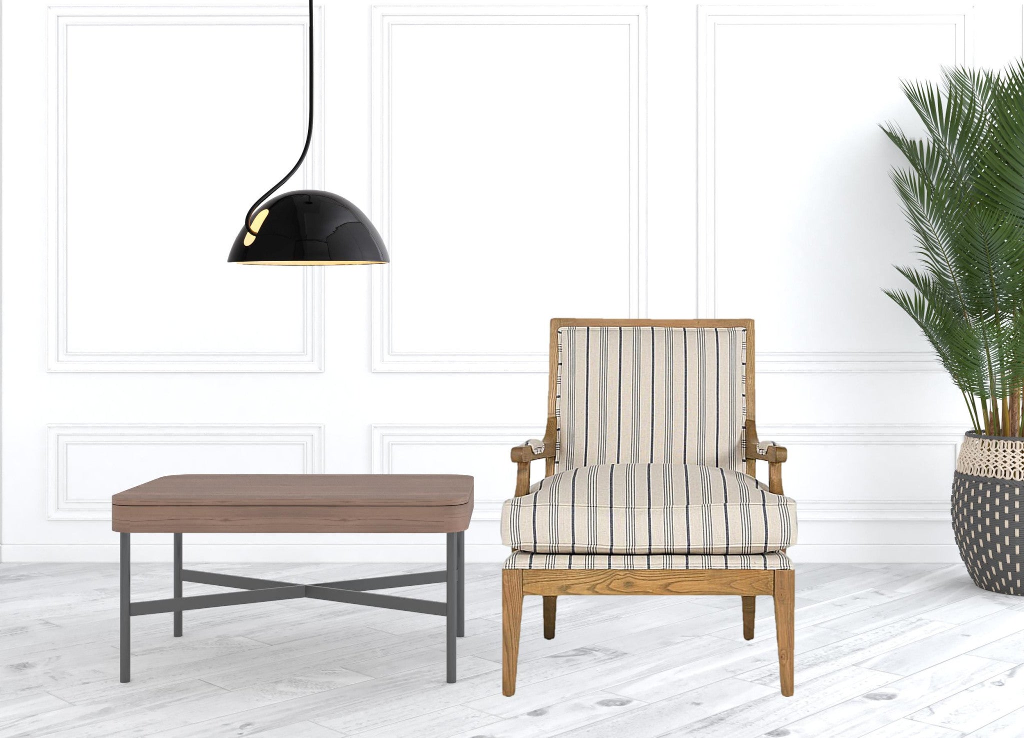 29" Blue And Ivory Linen Blend Striped Arm Chair