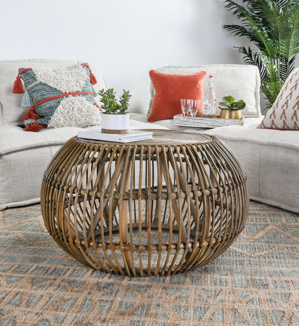 Natural Rattan Round Distressed Coffee Table 32"