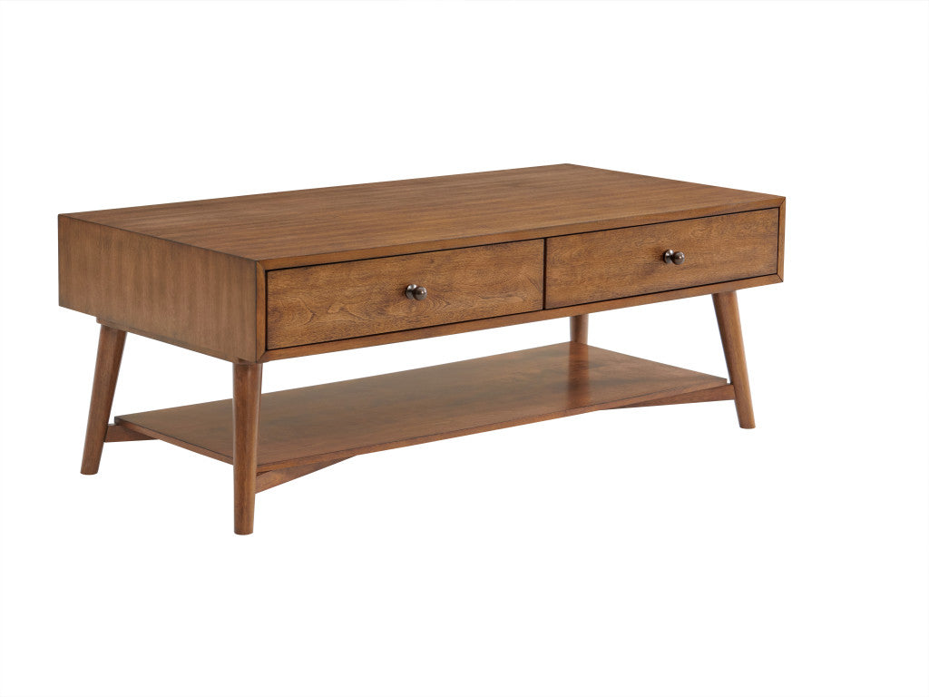 Mesa de centro rectangular de madera fabricada en canela de 48" con dos cajones y estante